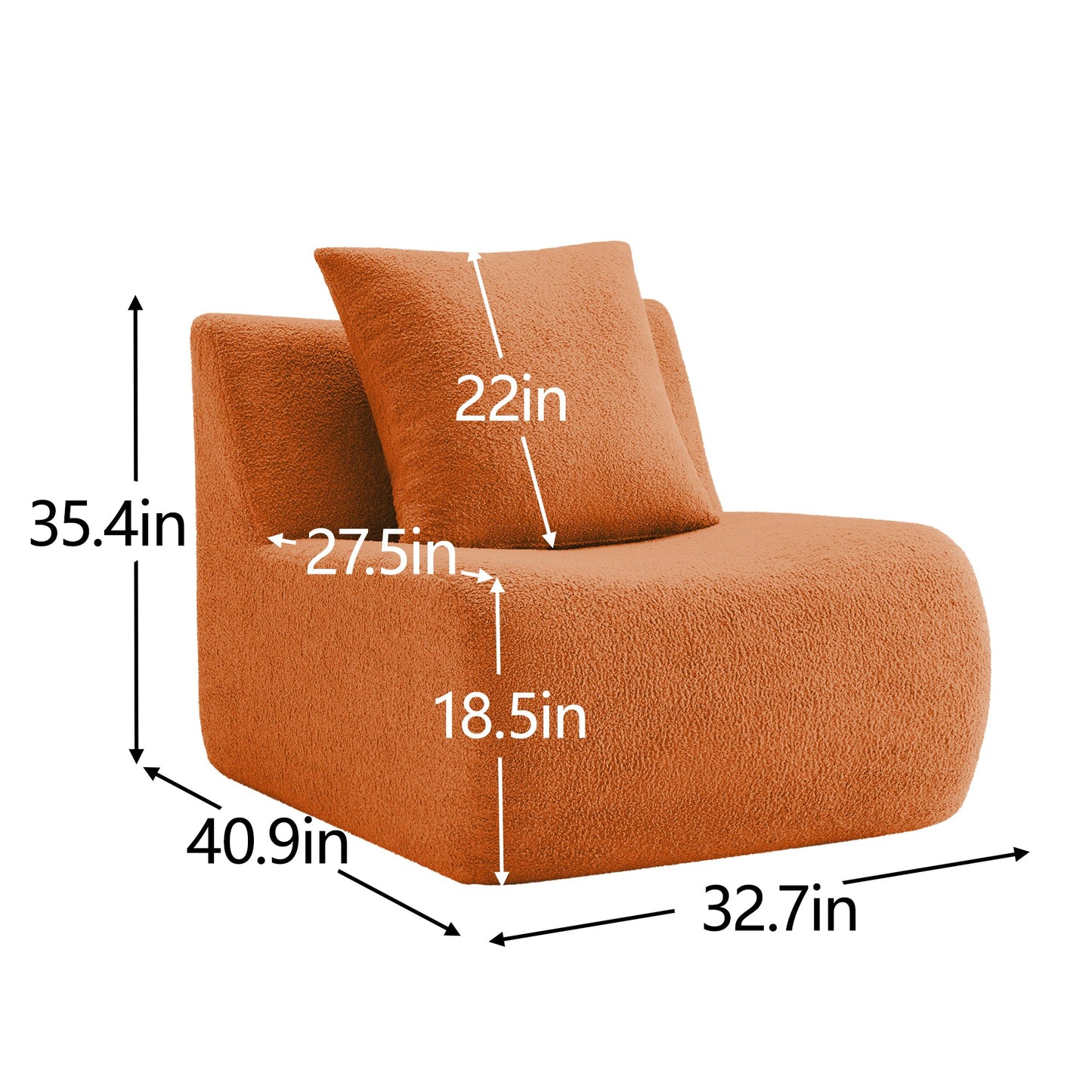 Armless Sofa with Pillow in Teddy Fabric - Orange