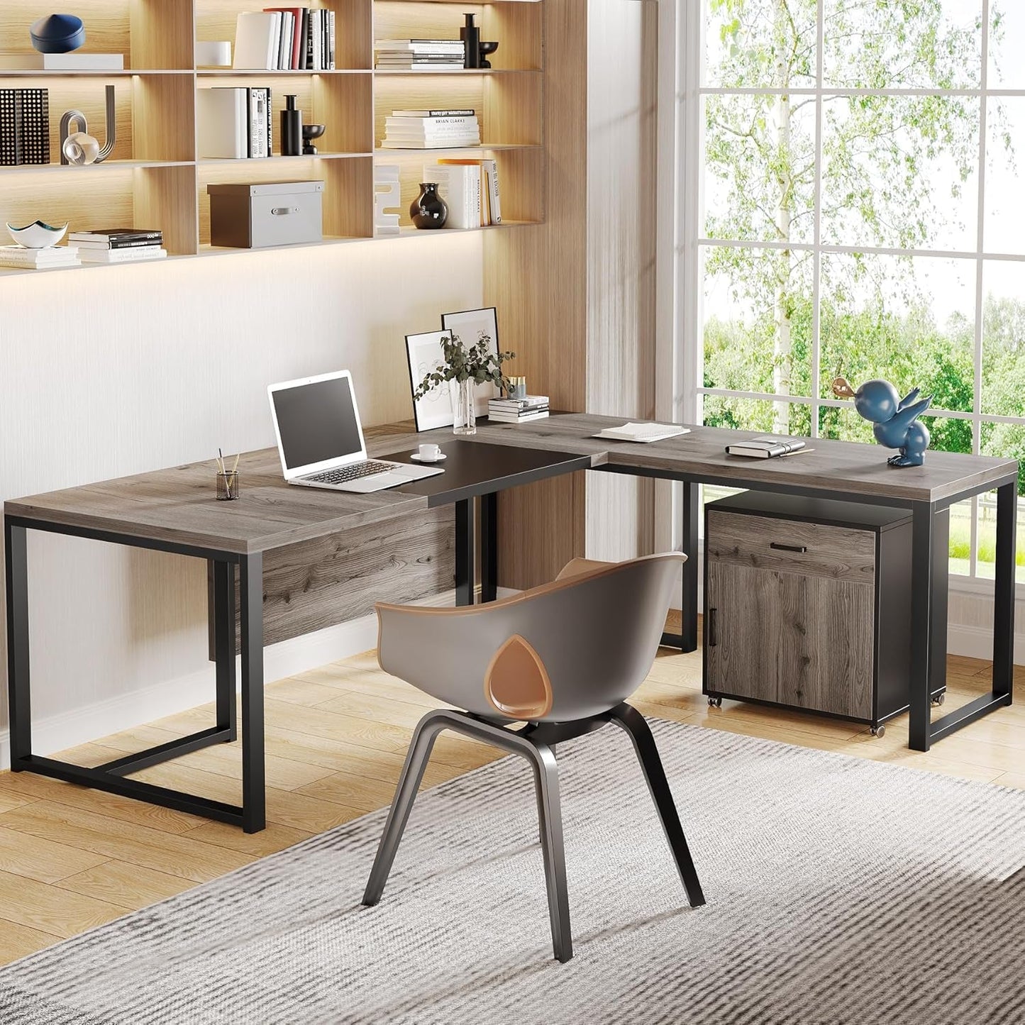 Extra Large L Shaped Executive Desk Retro Gray Drawer Cabinet