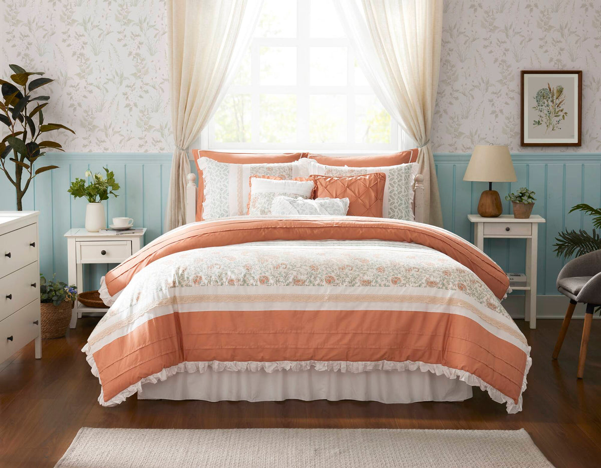 9 Piece Cotton Percale Comforter Set Coral King