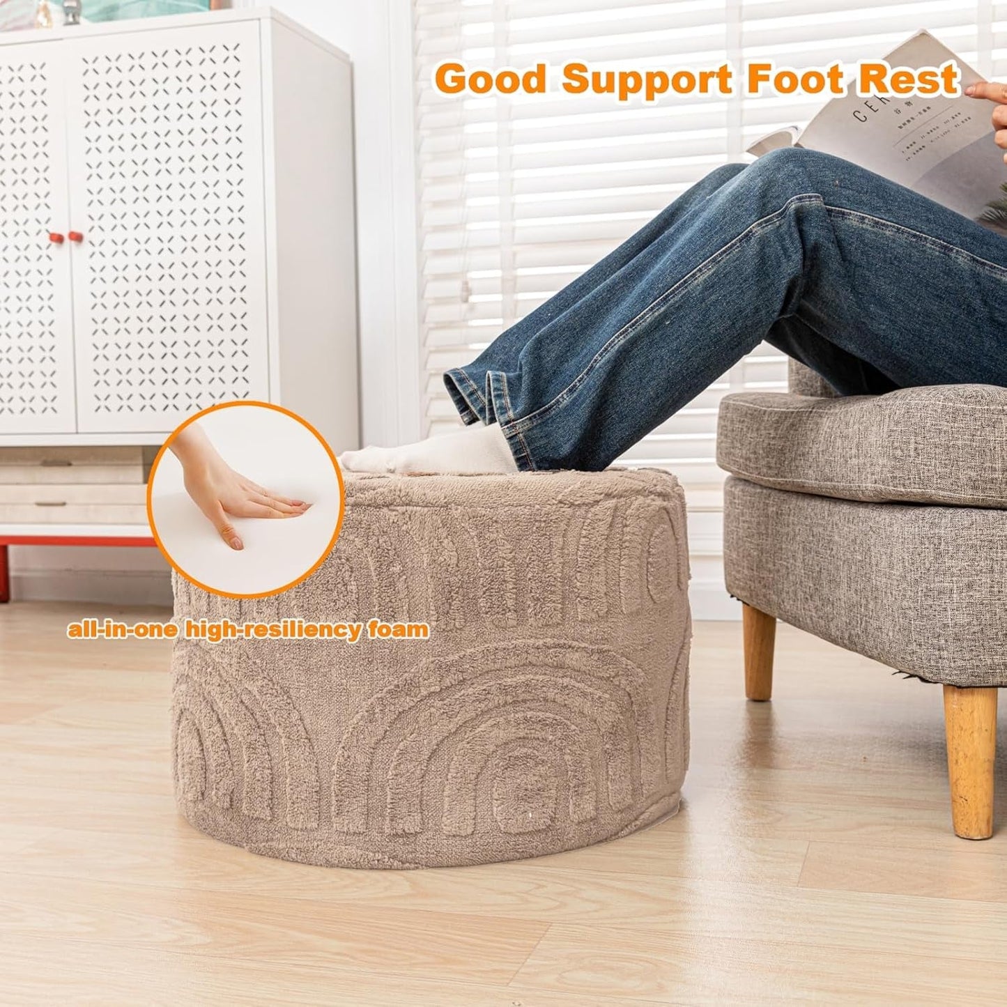 Khaki Round Ottoman Pouf 20x20x14 Inches Luxurious
