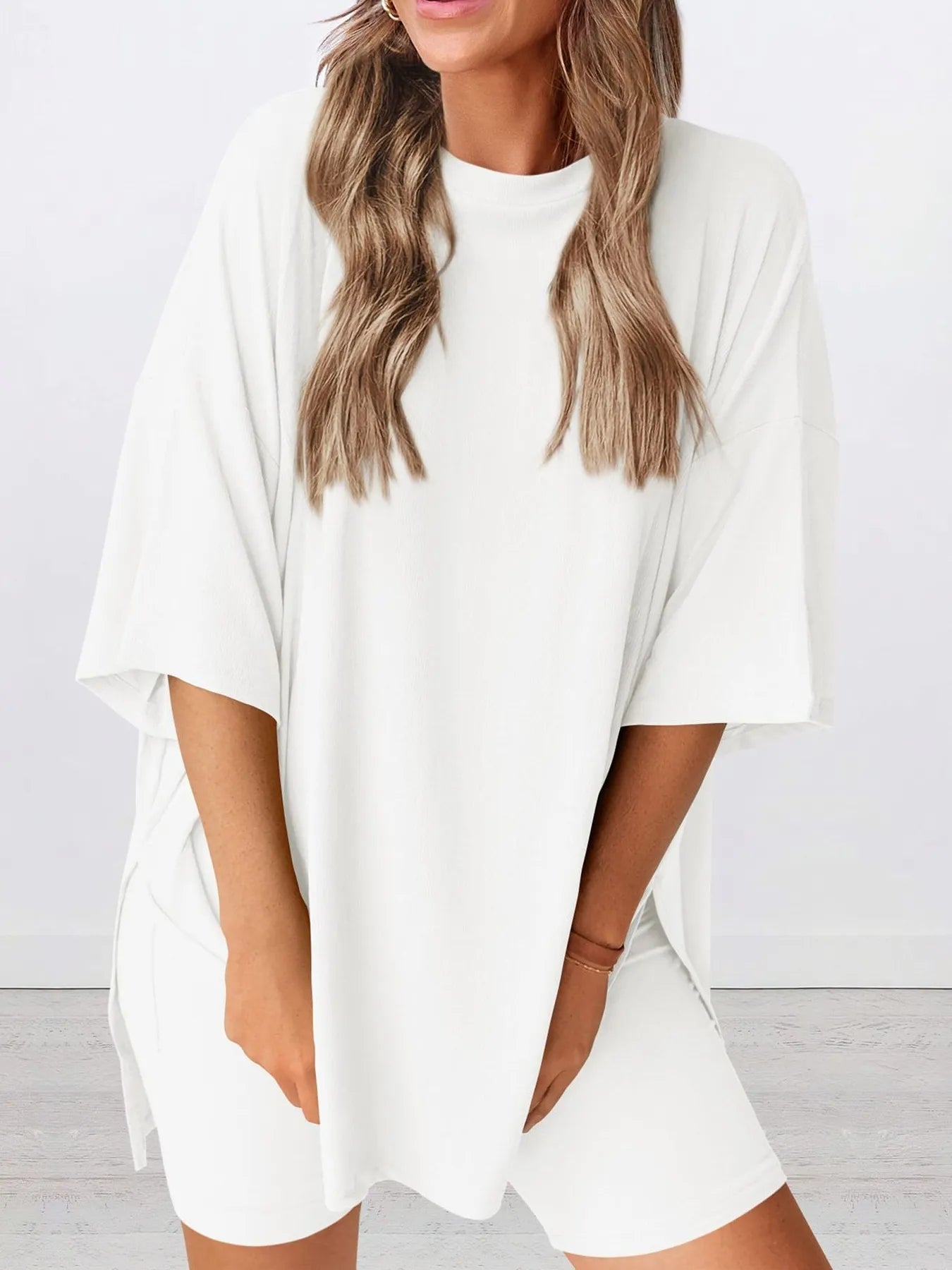 Oversized Slit Round Neck Top and Shorts Lounge Set Plus Size