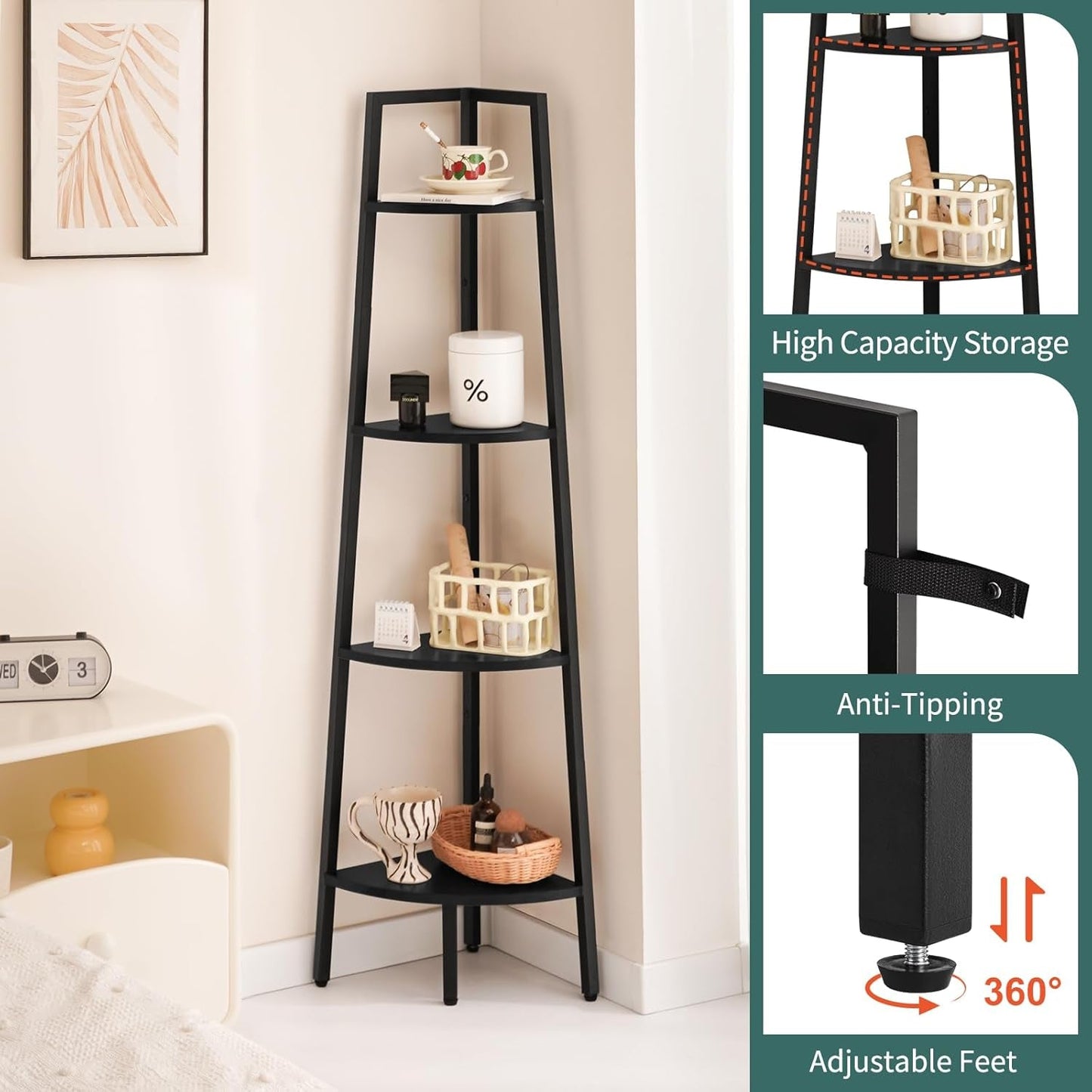 4 Tier Corner Shelf With Metal Frame Tall Bookcase