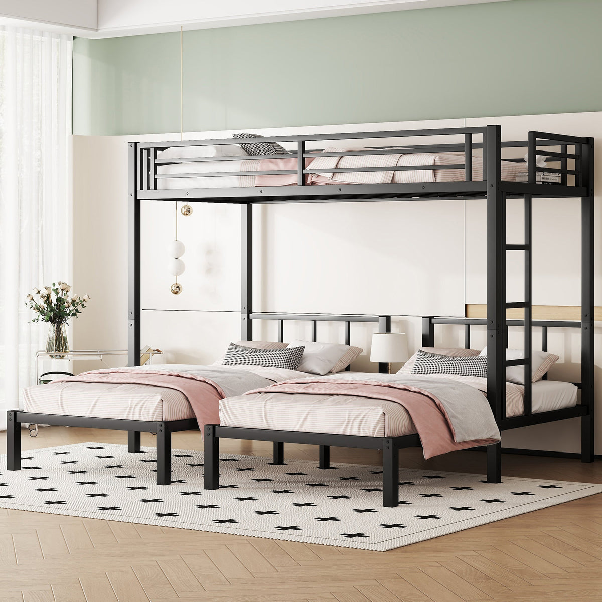 Metal Twin Over Twin & Twin Bunk Bed for 3