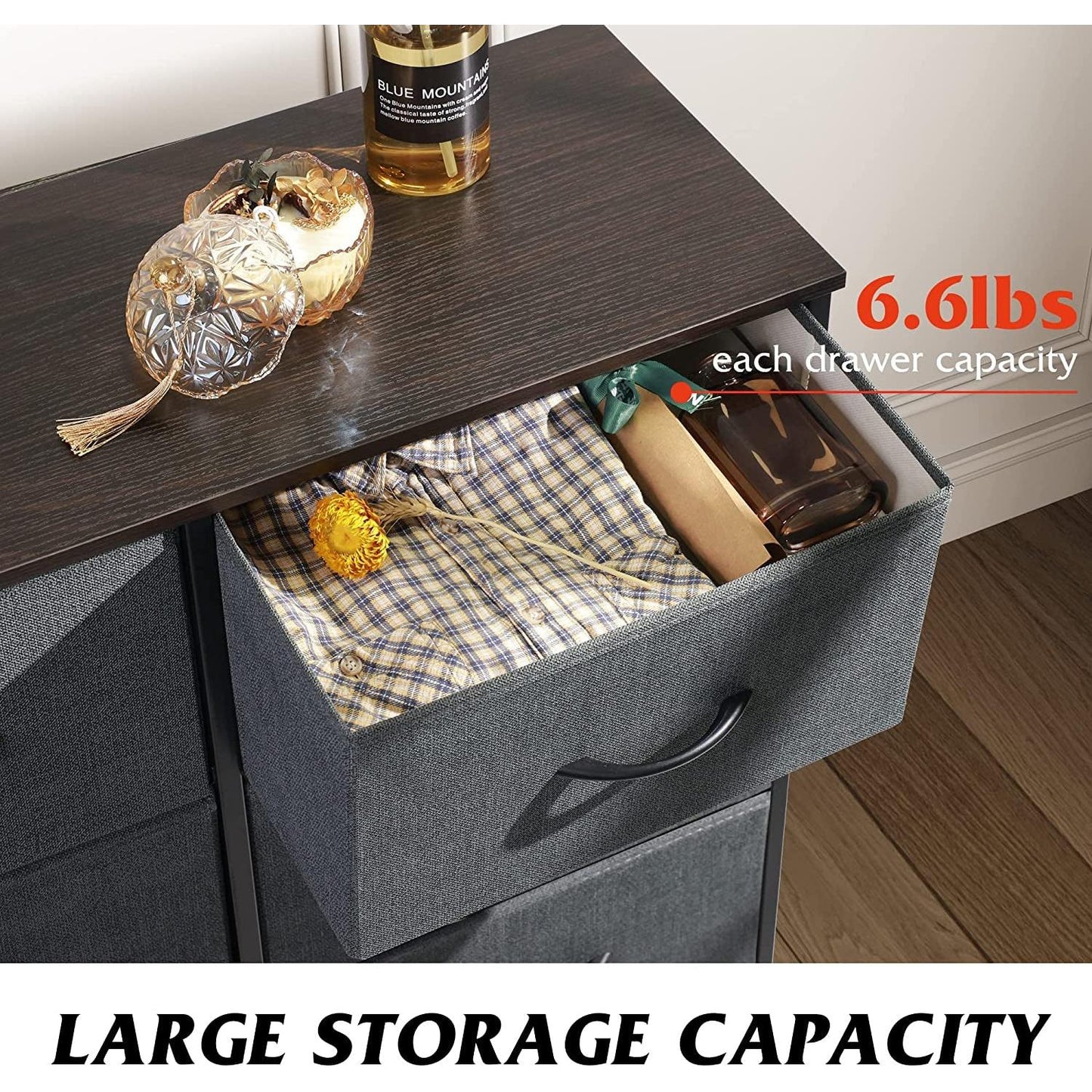 Six Drawer Dark Grey Fabric Dresser For Bedroom Storage