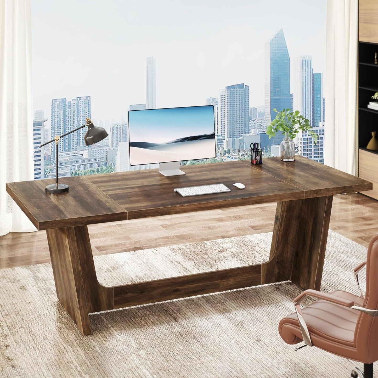 71 Inch Brown Executive Wood Computer Desk For Home Office