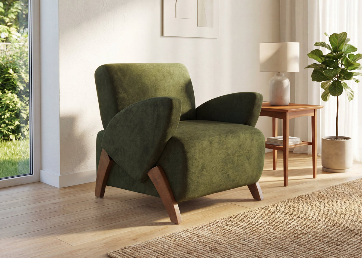 Velvet Fabric Lounge Chair with Birch Legs