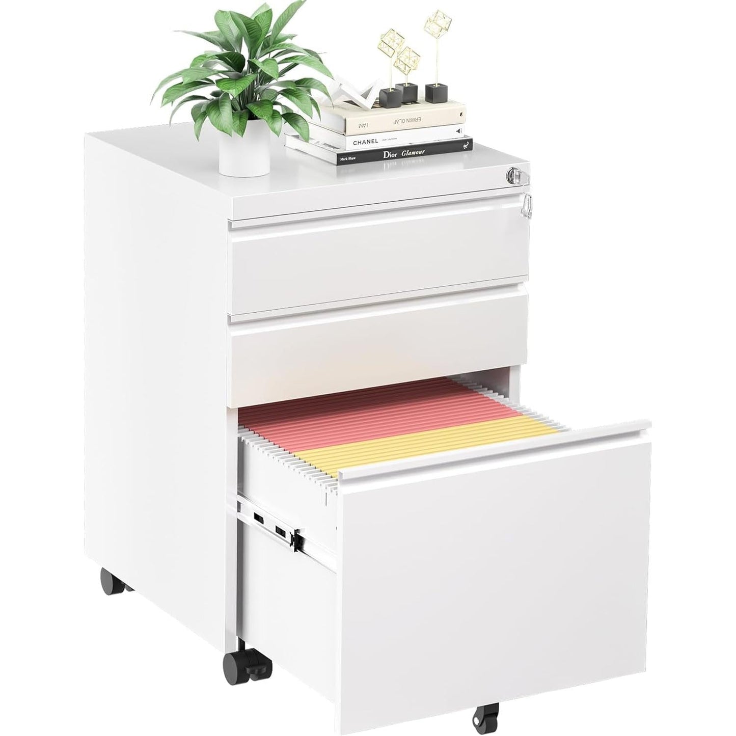 Locking 3-Drawer Rolling File Cabinet For Home Office