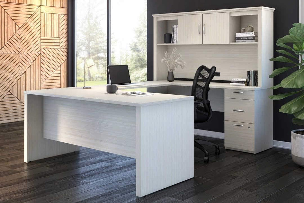 66W White Chocolate L Shaped Executive Desk With Hutch