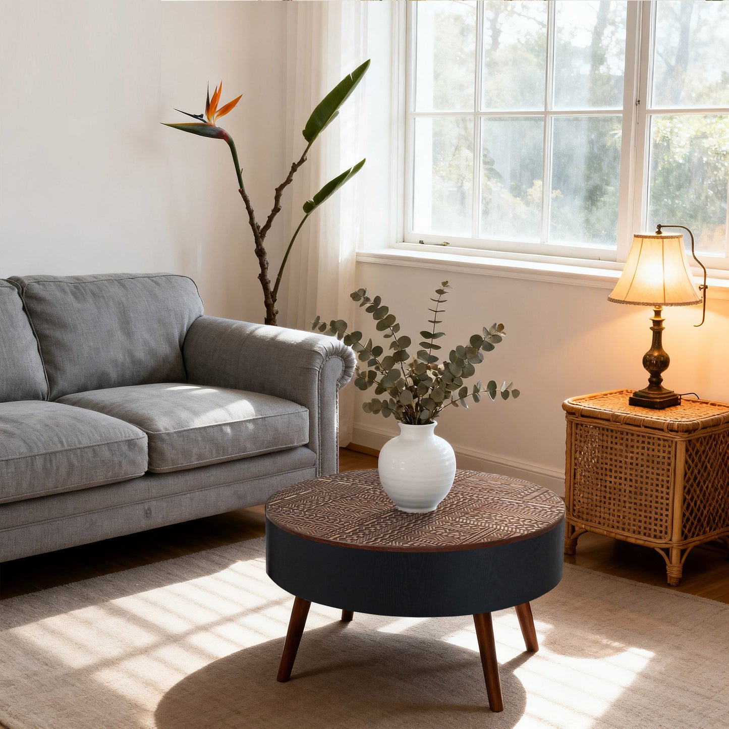 31.5" Round Carved Coffee Table with Storage Space