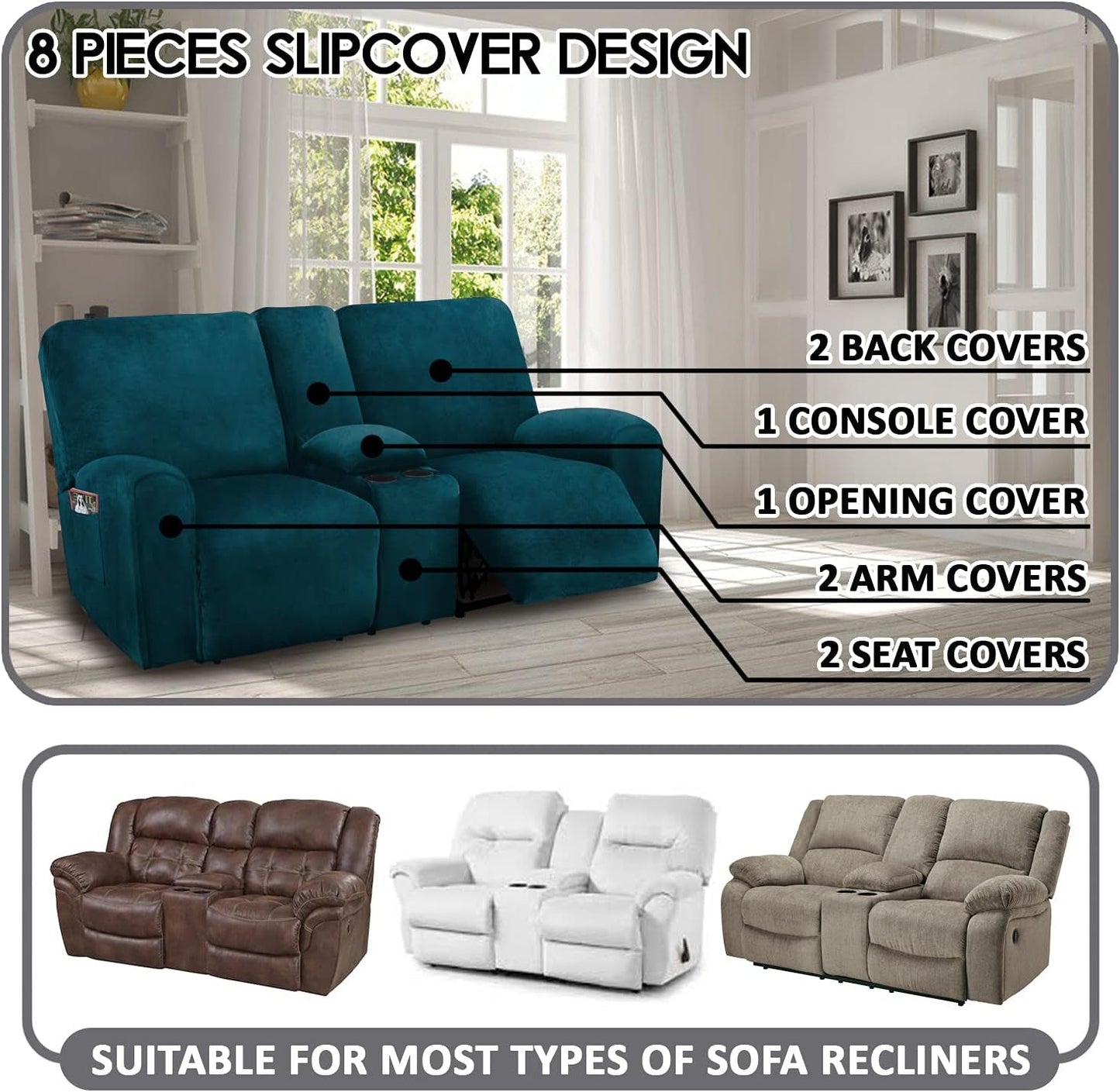 Deep Teal Velvet 8 Piece Reclining Loveseat Cover Set