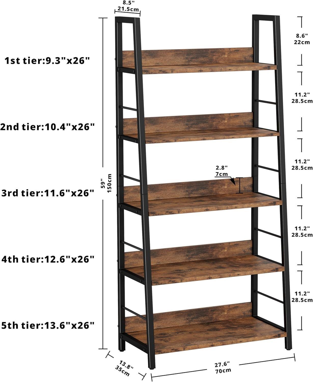 Industrial Ladder Shelf 5 Tier Bookshelf Rustic Brown