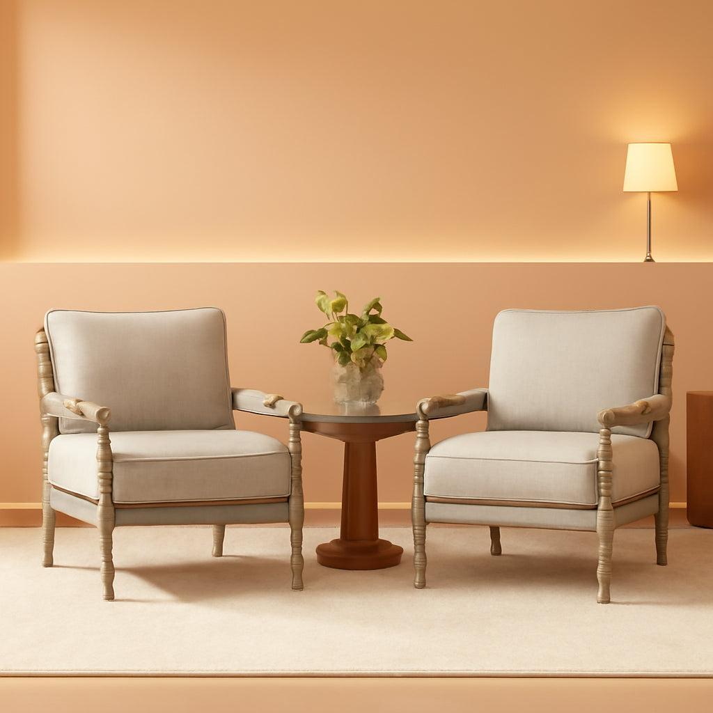 Linen Spindle Accent Chairs Set Of 2 Cushioned Armrests