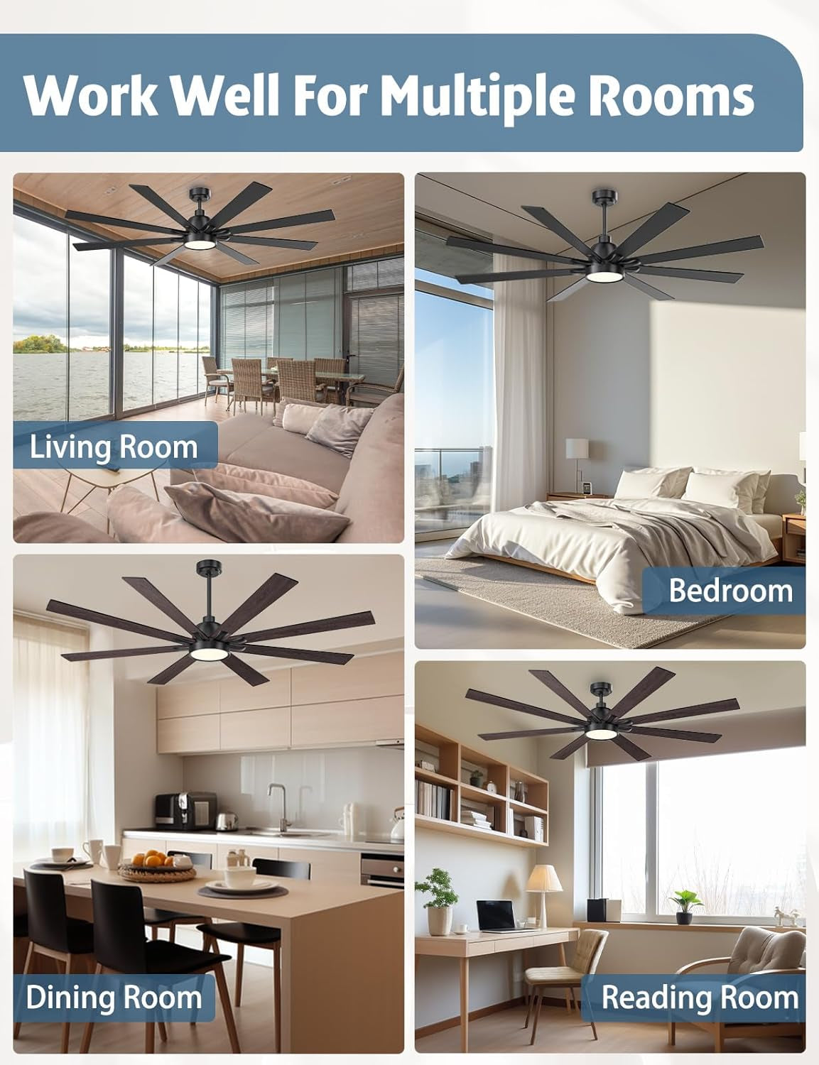 Image showcasing 62 Inch Ceiling Fan With Remote Matte Black Wood Finish in living room, bedroom, dining room, and reading room.