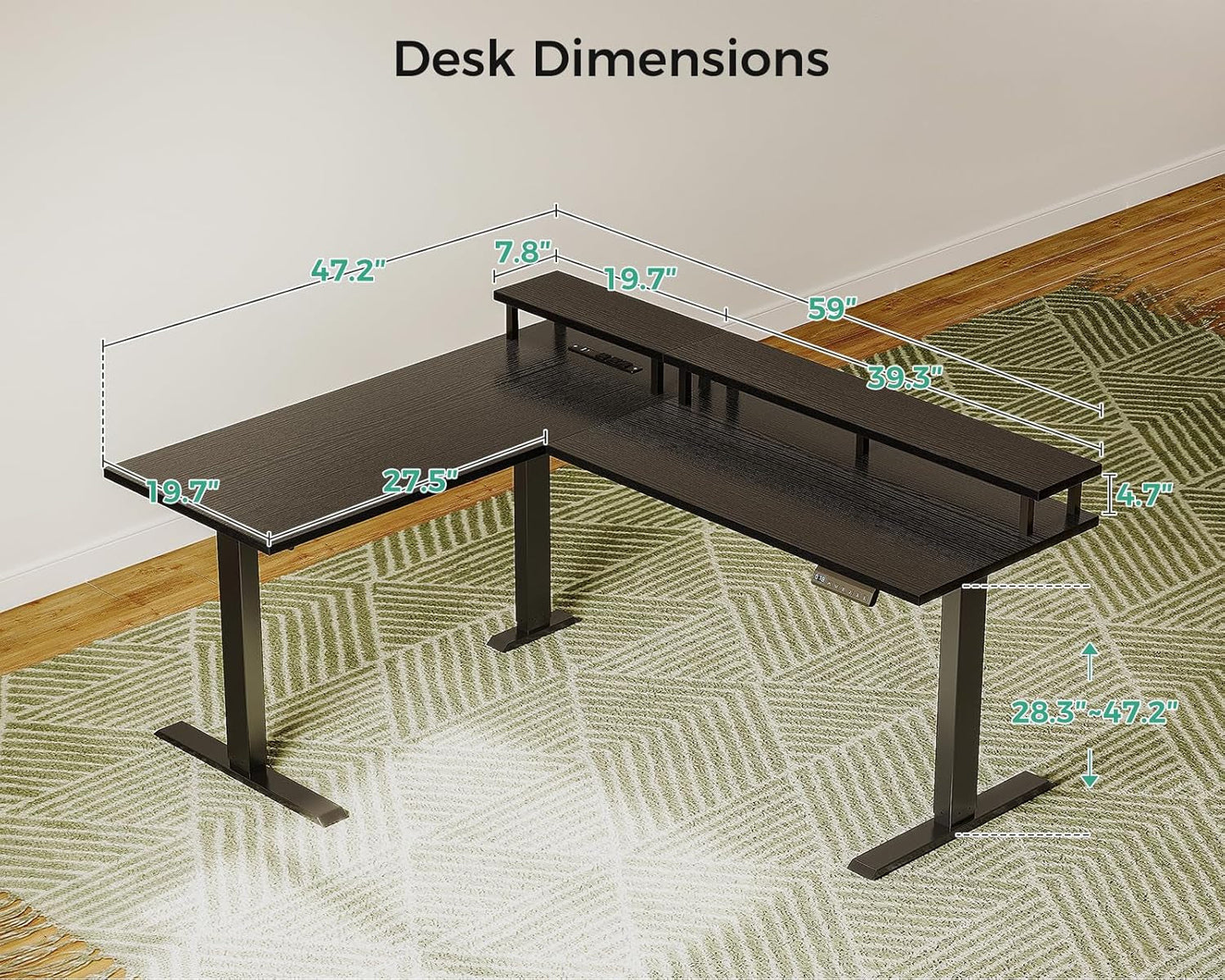 Electric L Shaped Standing Desk 59 Inch With Power Outlets