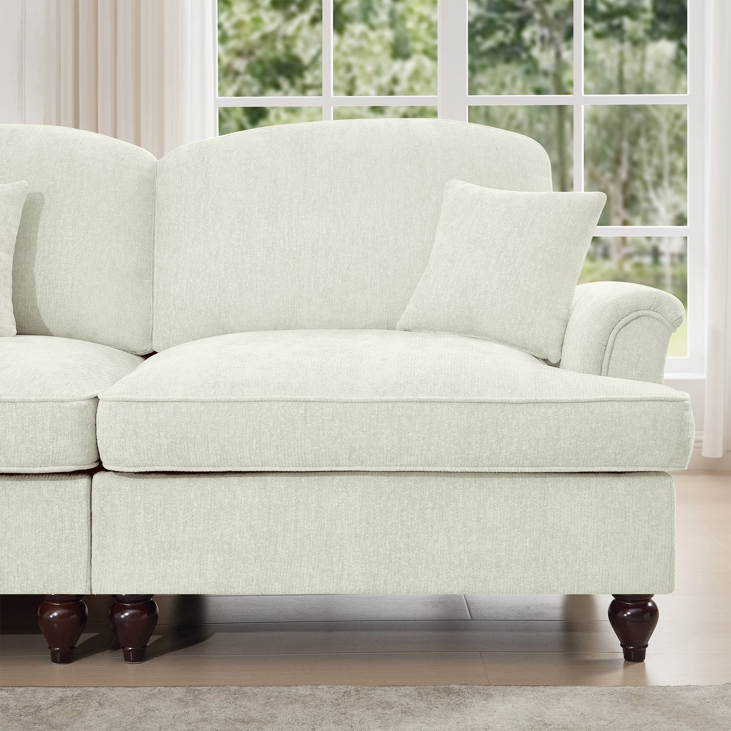 Classic Three Seater Modular L Shaped Sectional Couch with Flared Arms and Removable Ruffles Pleats Skirts and Spindle Legs, Comfy Chenille Four-Seat Deep Seat Sofa with Movable Ottoman, Beige White