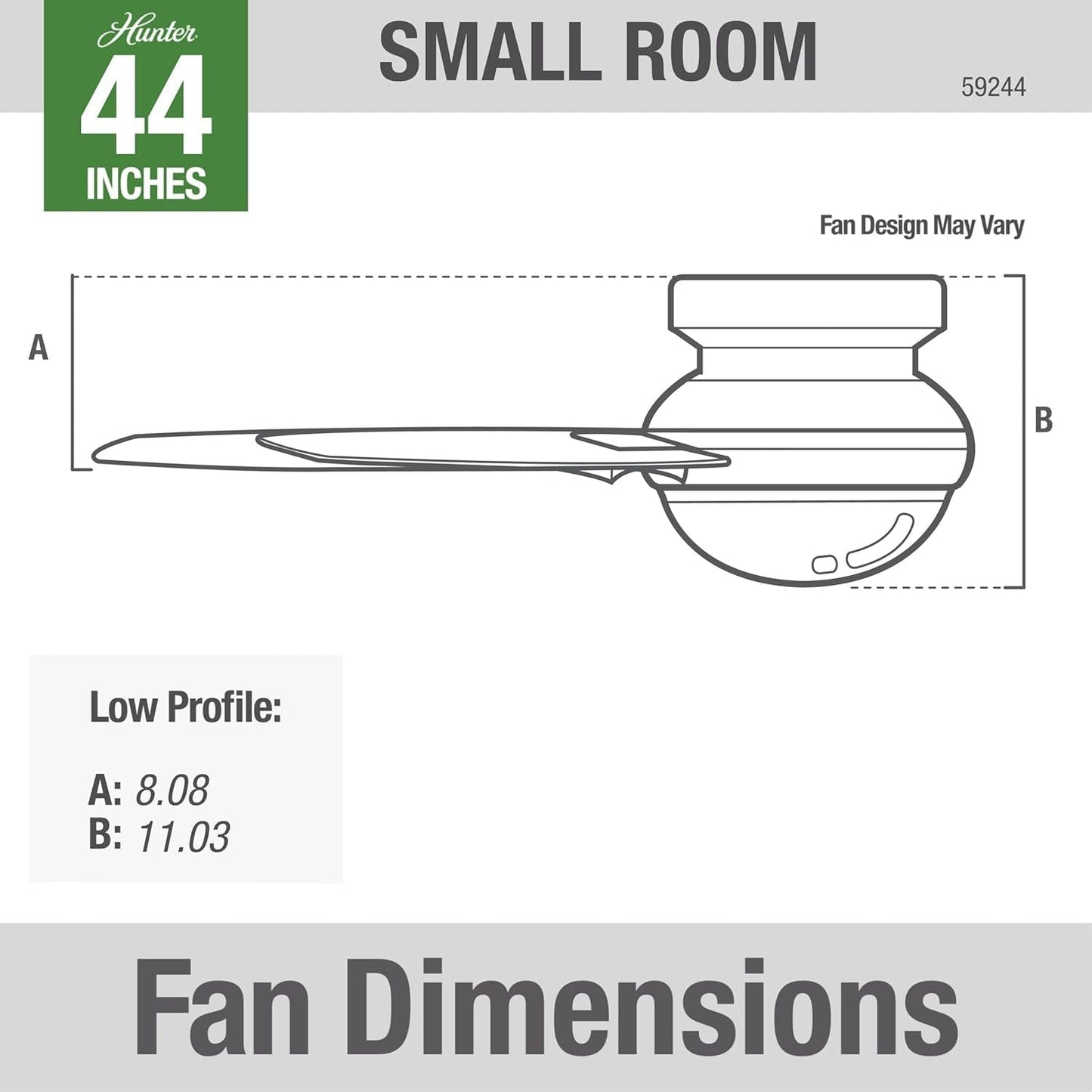 44-Inch LED Low-Profile Ceiling Fan With Remote Control fan dimensions diagram for small room.