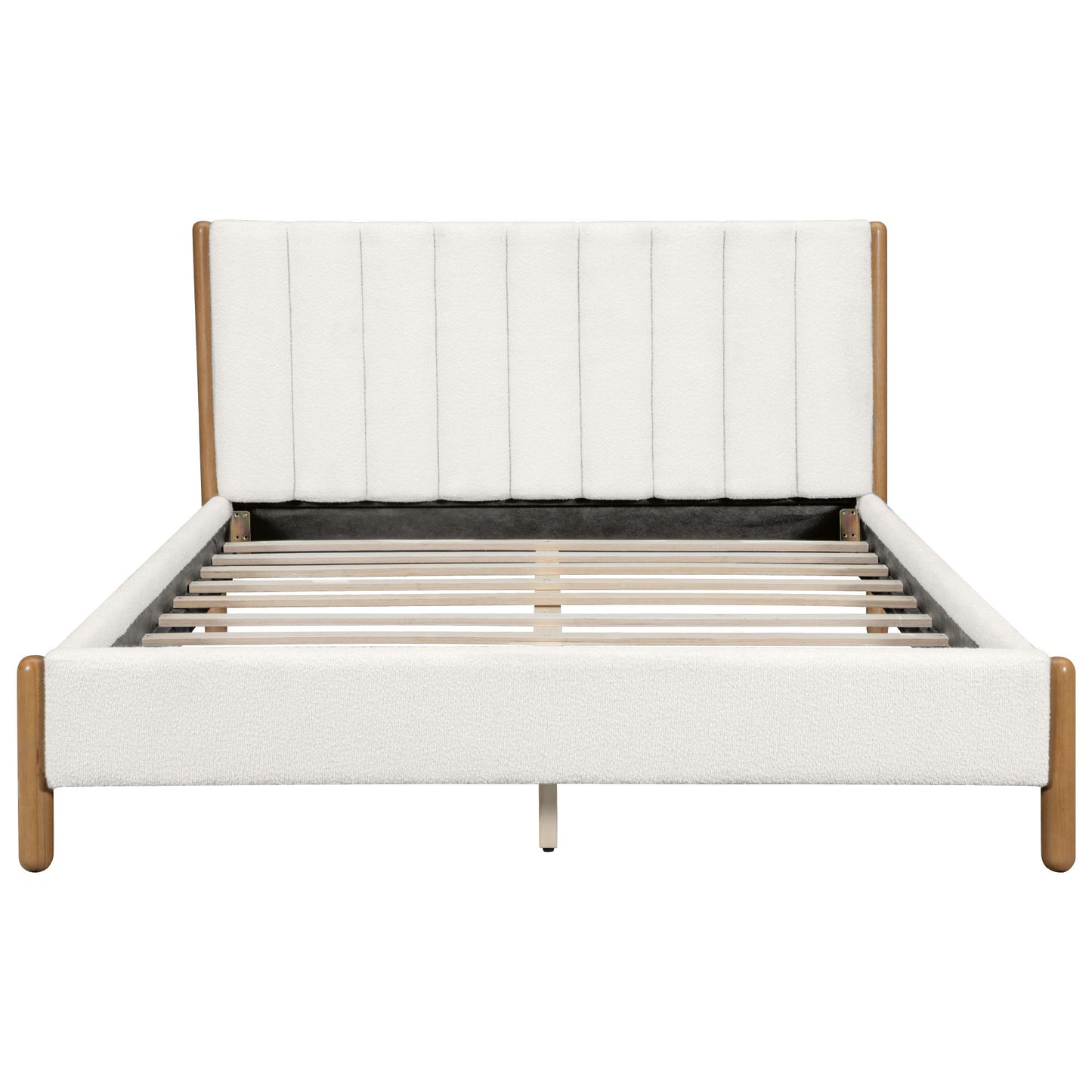 Queen Size Bed Frame with Boucle Upholstered Thick Headboard, Solid Wooden Legs, White