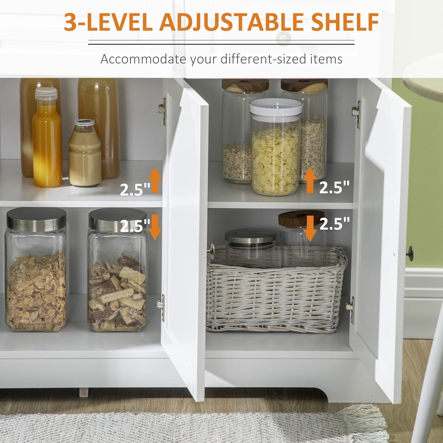 White Sideboard Buffet Cabinet with 3-level adjustable shelf showcasing versatile storage for different-sized items.