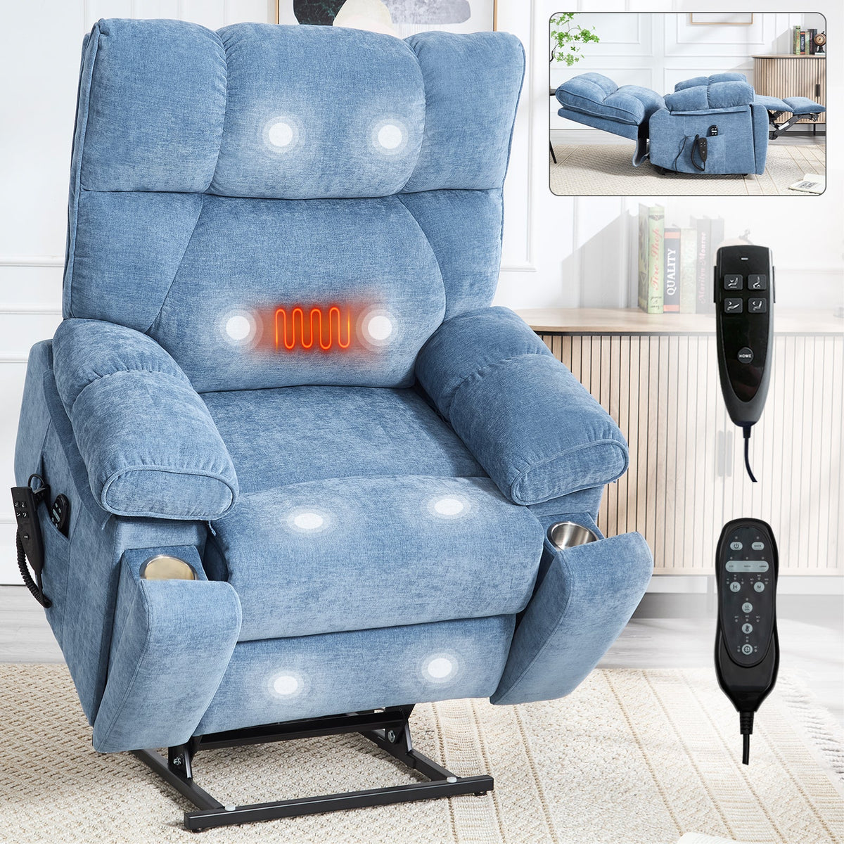 Blue Heat Massage Dual Motor Electric Power Lift Recliner