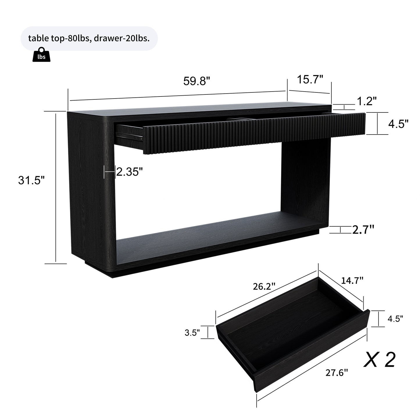 60' Modern 2-Drawer Fluted Console Table Natural Wood Veneer Sofa Table Behind Couch Table for Living Room, Hallway, Entryway, Home Office, Black