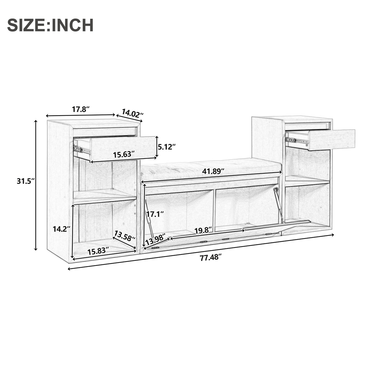 TREXM All-in-One Entryway Storage Bench with Cushion, Compartments & Drawers