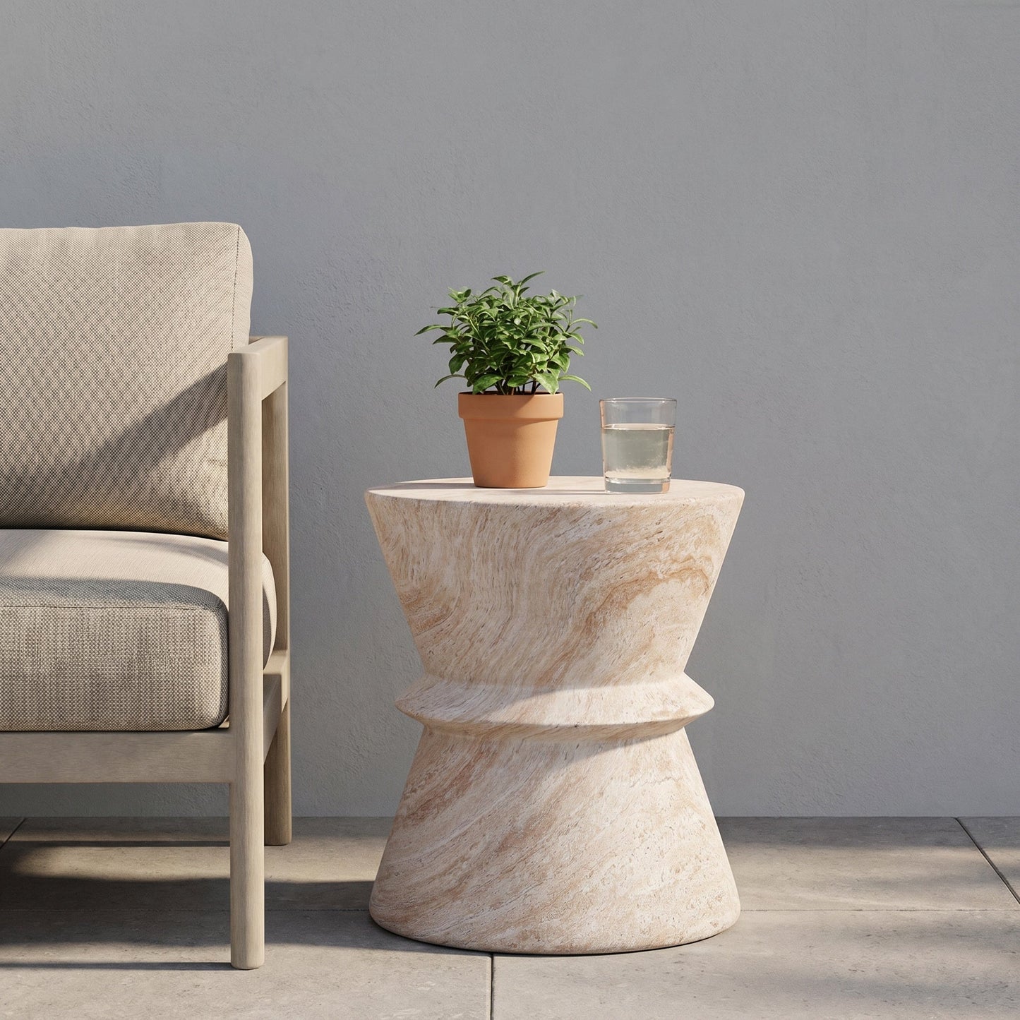 Outdoor Indoor Lightweight Concrete Side Table, Travertine Finish