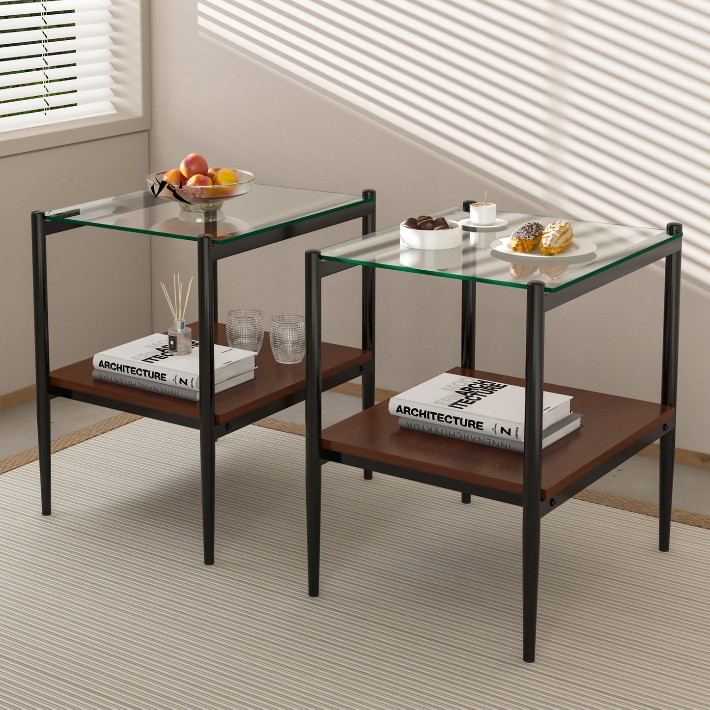 Set of 2 Rectangle End Table with Tempered Glass Top