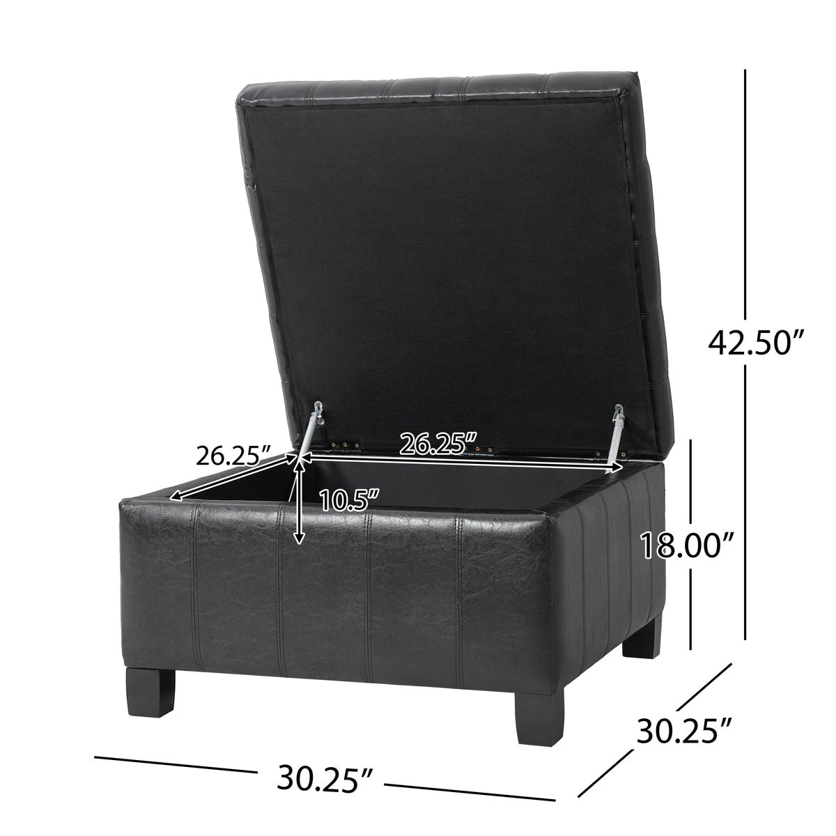 Black PU Storage Ottoman with Rubber Wood Legs