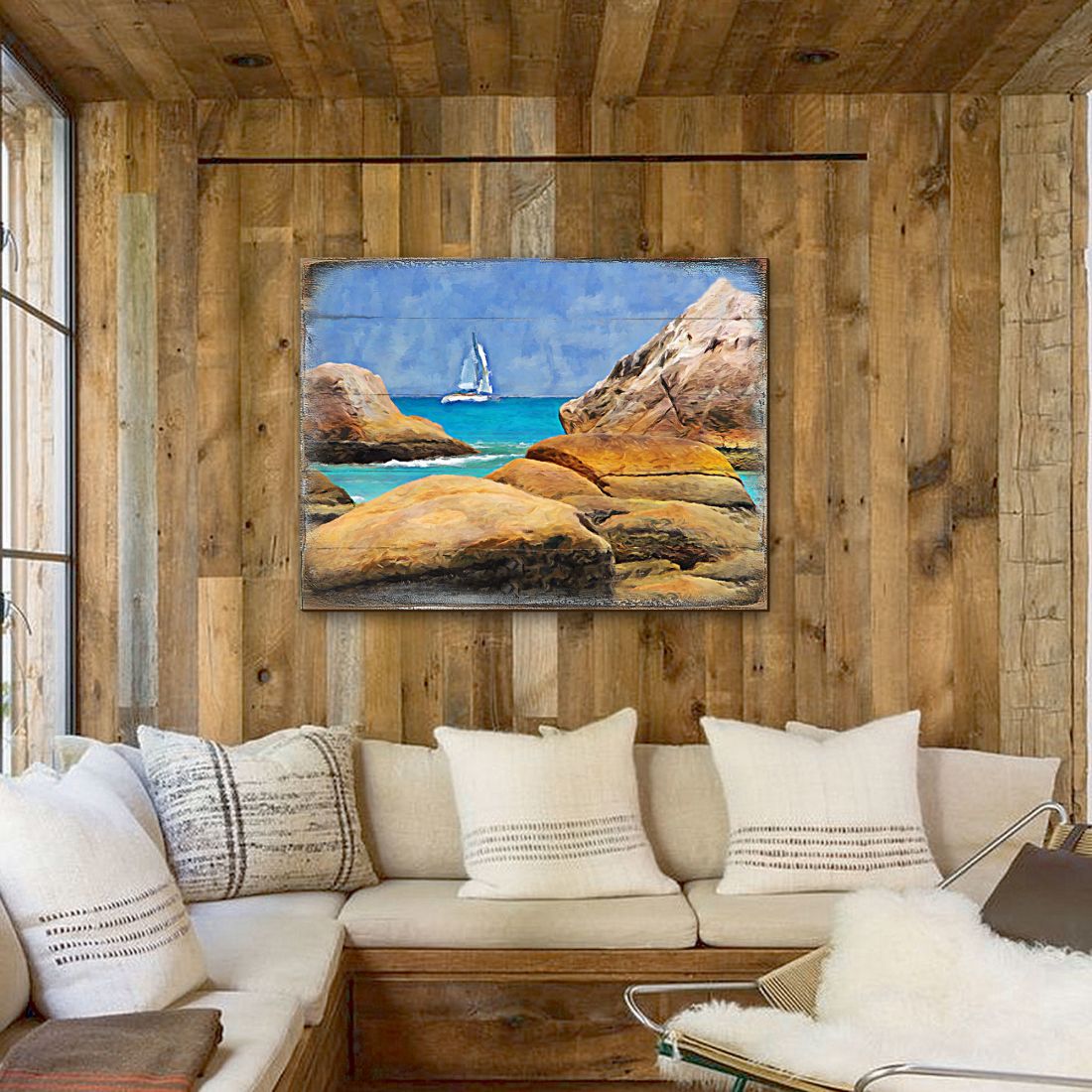 Sailboat on The Rocky Shore Wooden Coastal Wall Art by Nature Wonders - Coastal Sea-Life Decor - 95274B