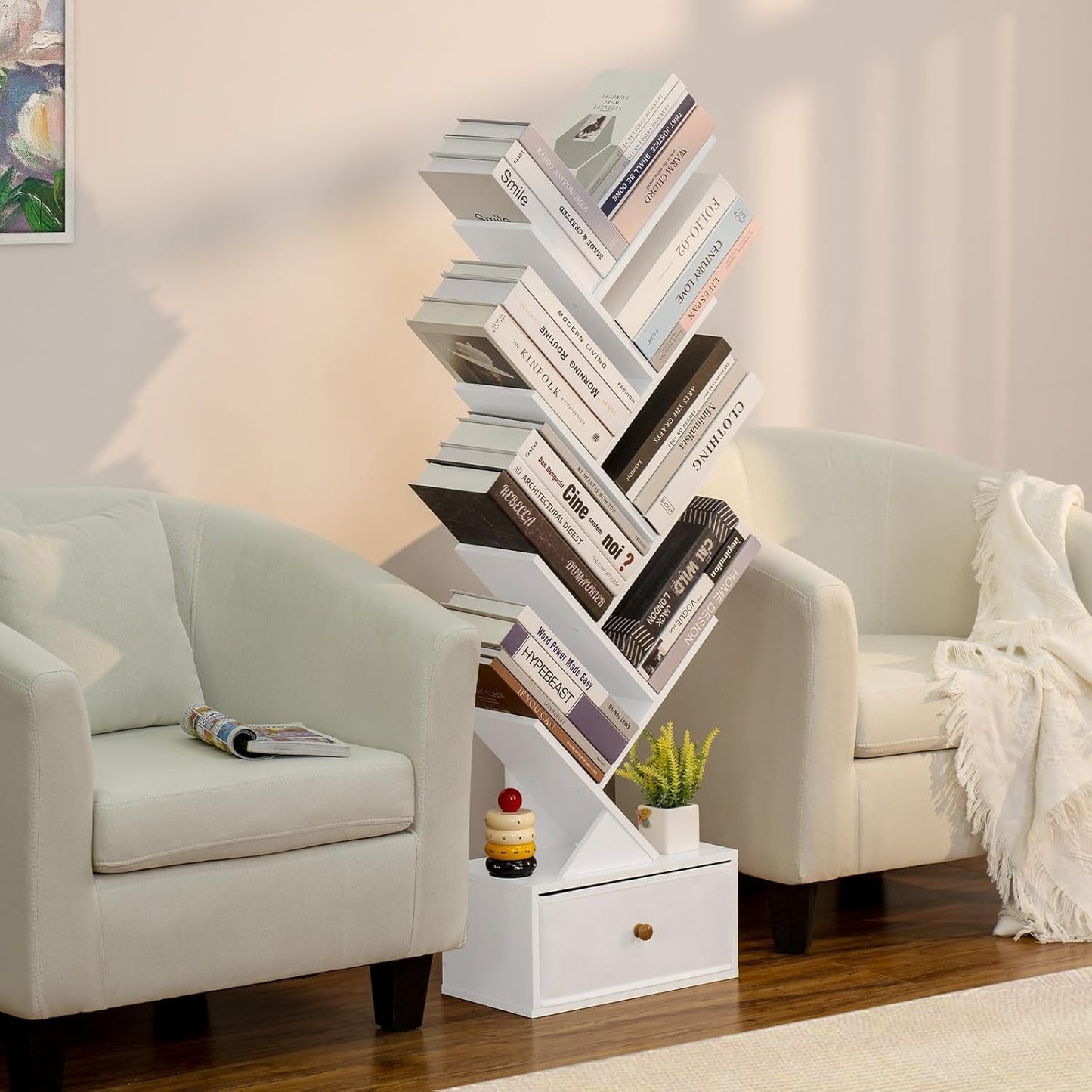 8 Tier Tree Bookshelf With Drawer White Wood Space Saving