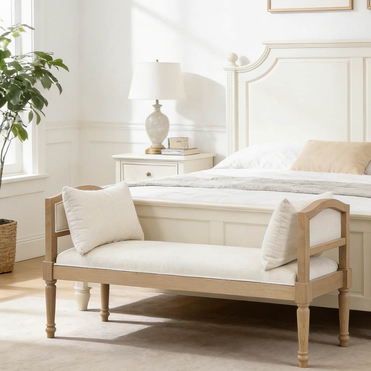 Upholstered Bench with Turned Legs & Side Cushions