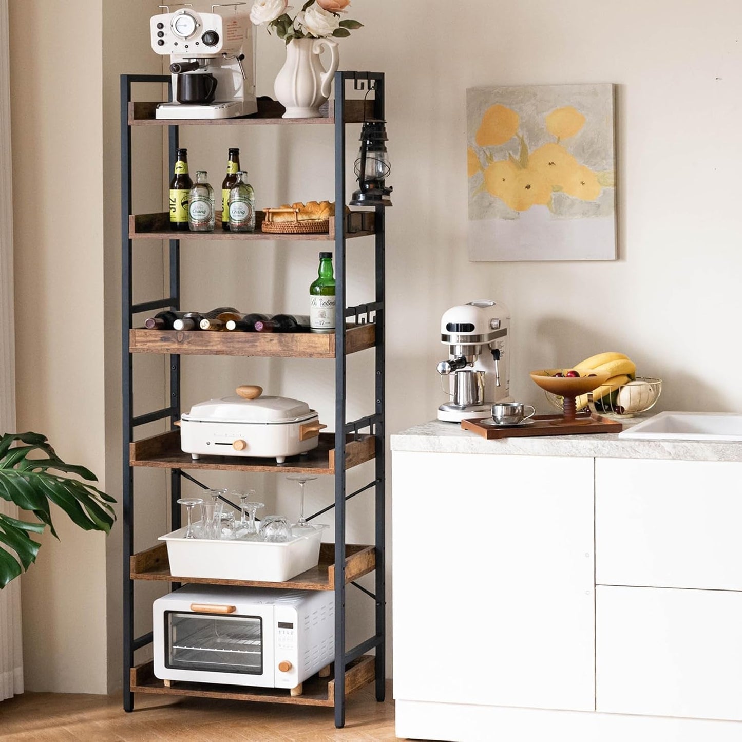 Adjustable Six Tier Industrial Wood Black Metal Bookcase