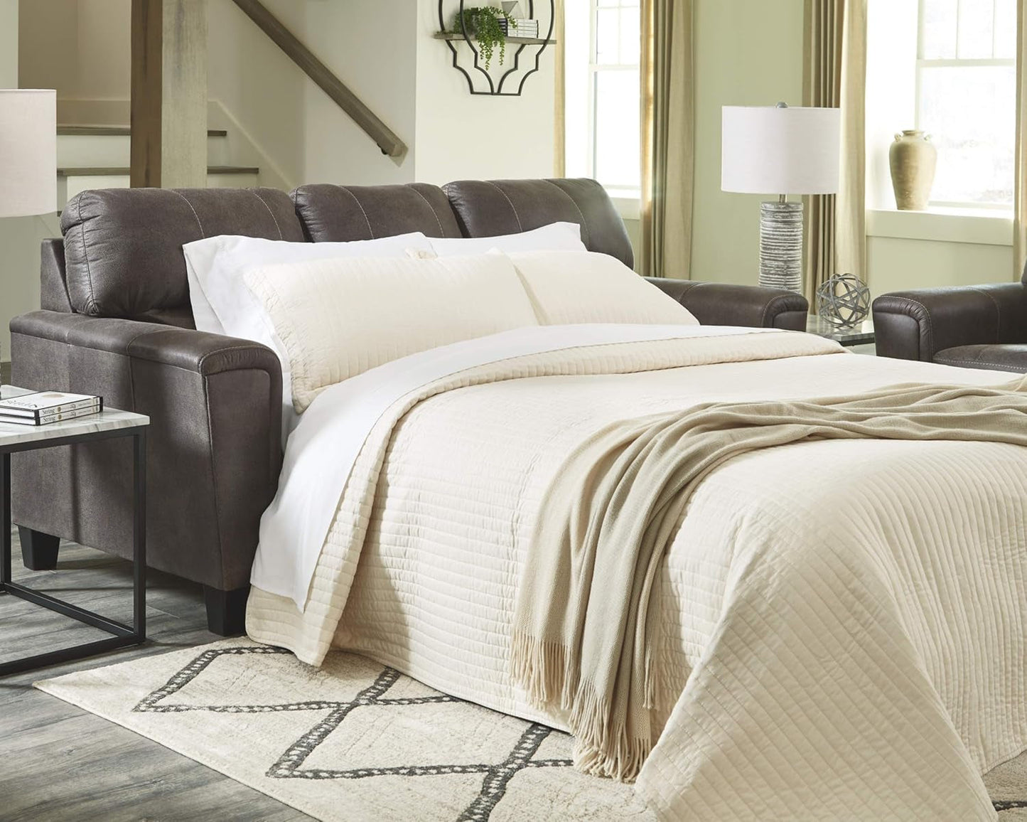Queen Faux Leather Contemporary Sleeper Couch Gray