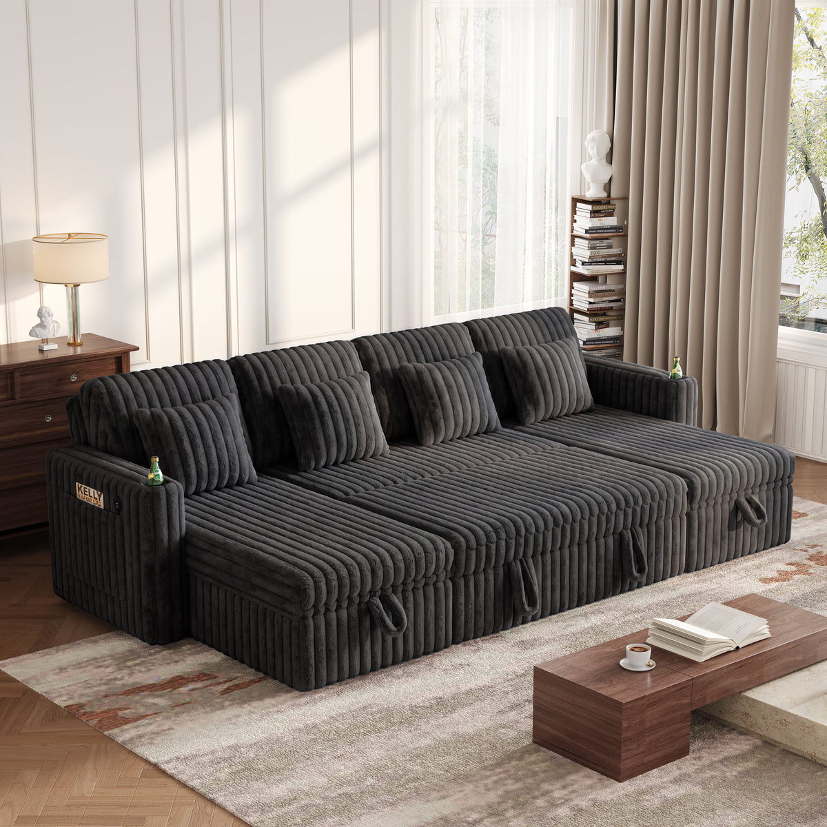 U Shaped Plush Corduroy Sectional Sleeper Sofa