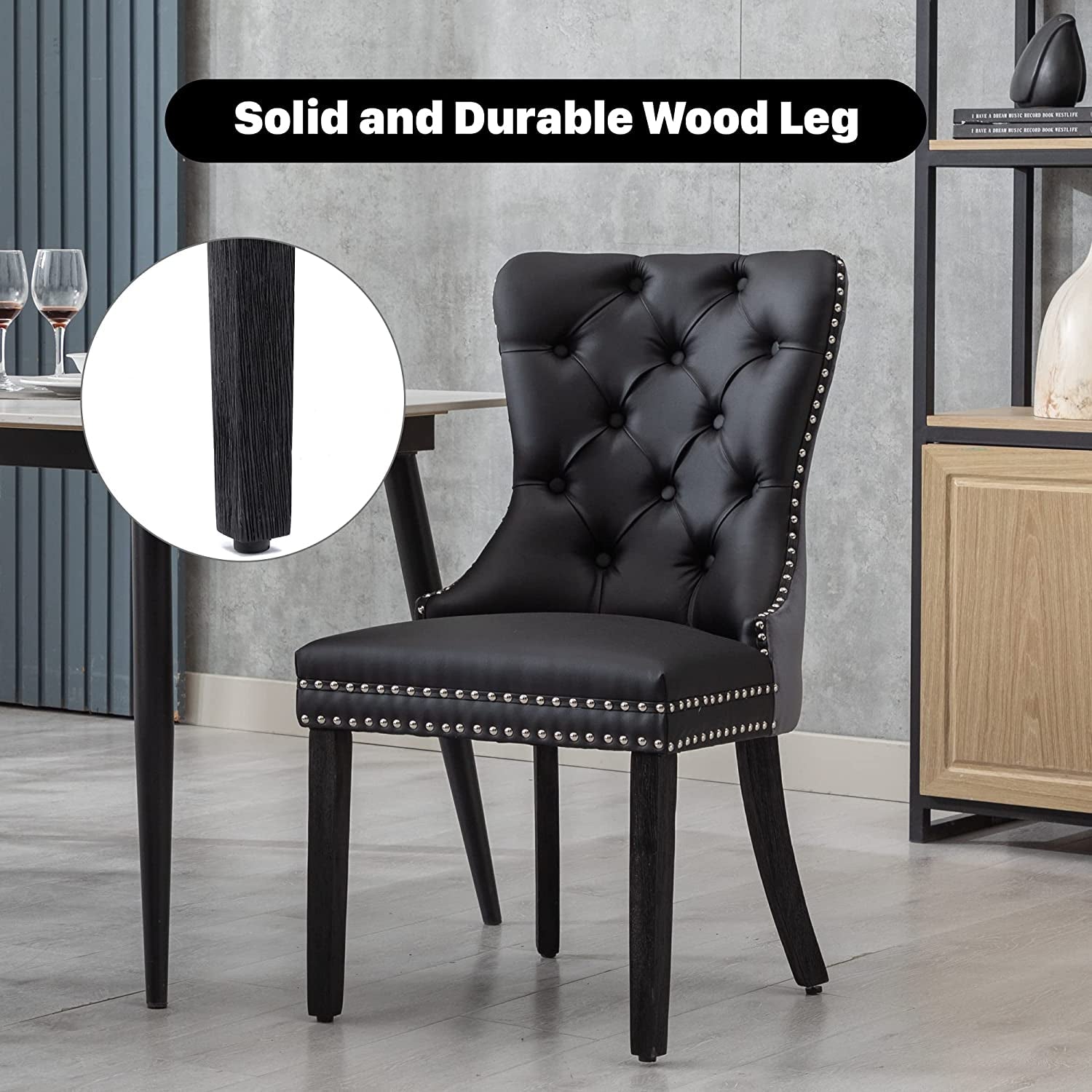 Velvet Dining Chairs Set Of 6 Black And Dark Grey Nailhead Trim with solid wood leg and elegant tufted design.