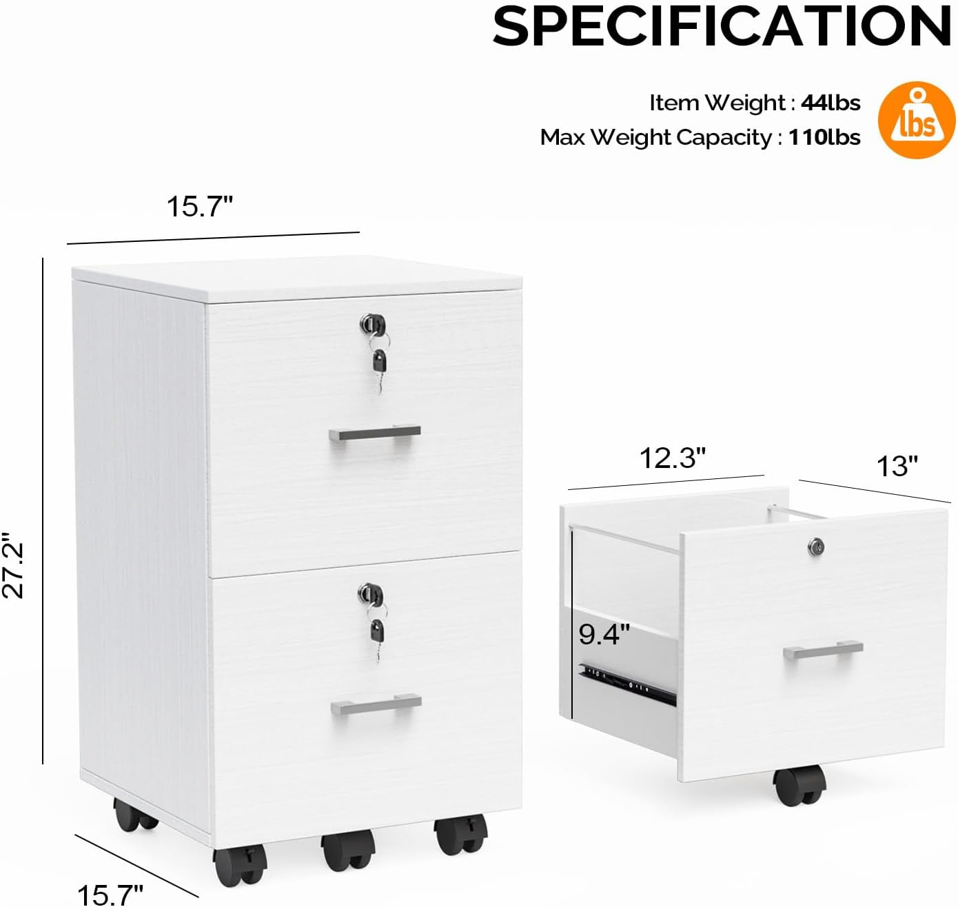 2 Drawer Locking File Cabinet For Letter Size Folders With Tabs, Mobile Under Desk