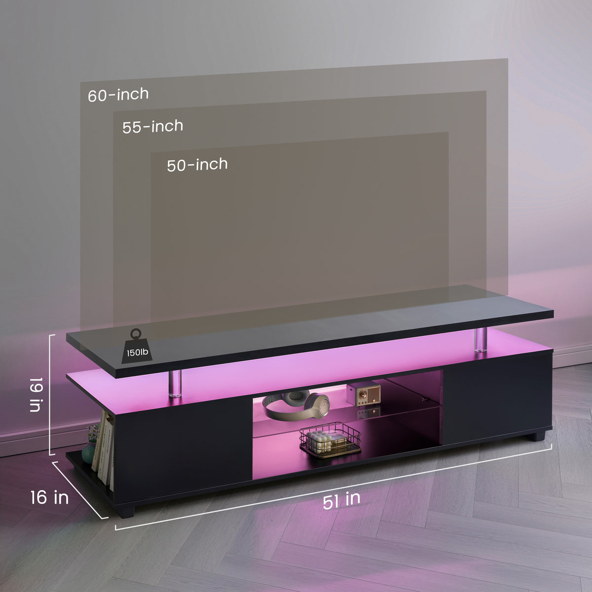 Black TV Stand for 60 Inch TV with LED Strip Lights