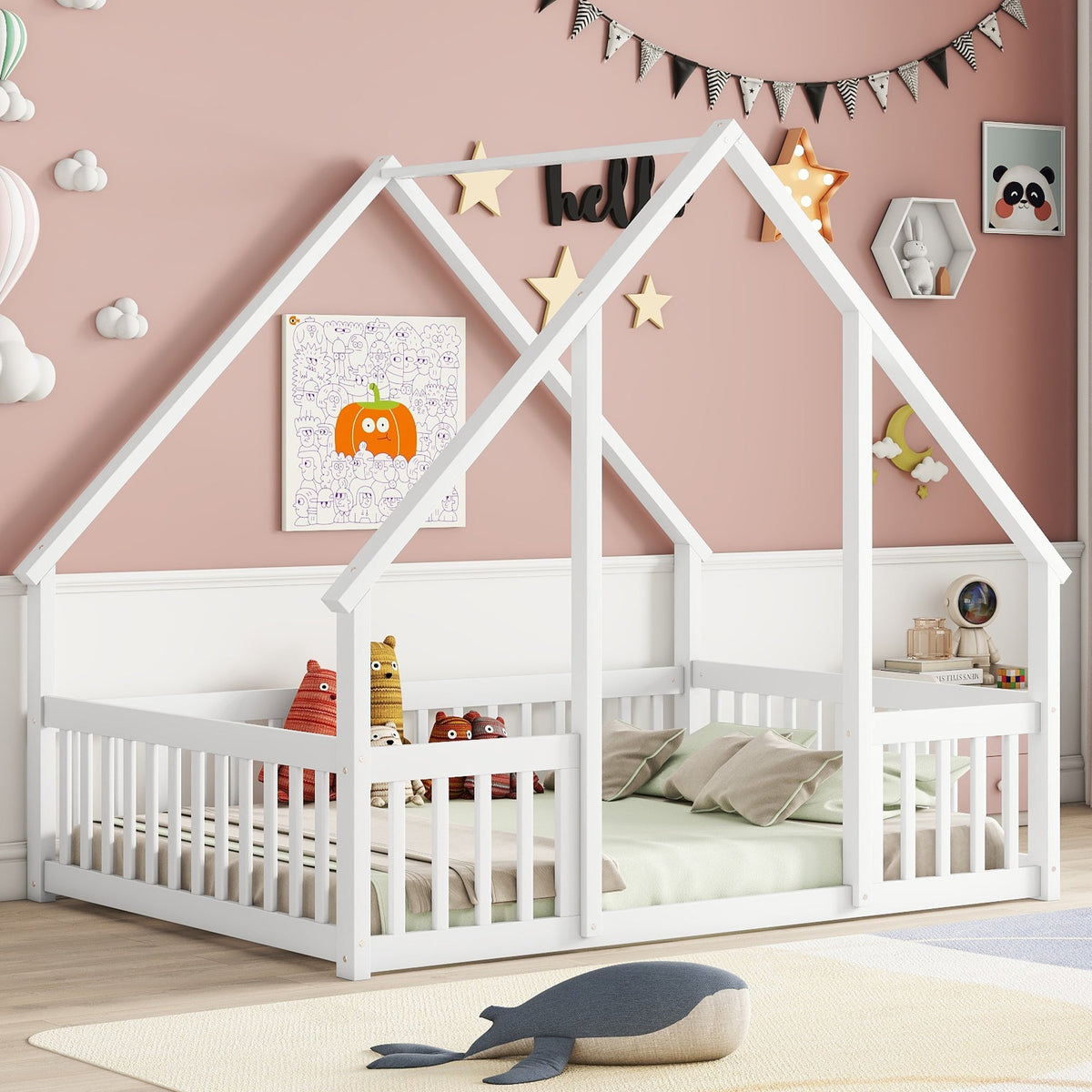 Full Wood House-Shaped Floor Bed with Fence, Guardrails