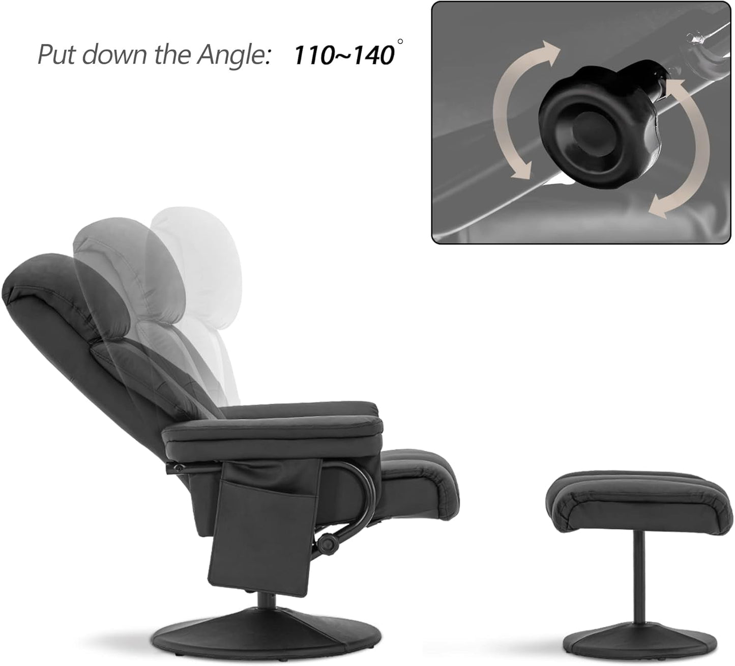 Swivel Recliner With Ottoman Black Faux Leather Massage