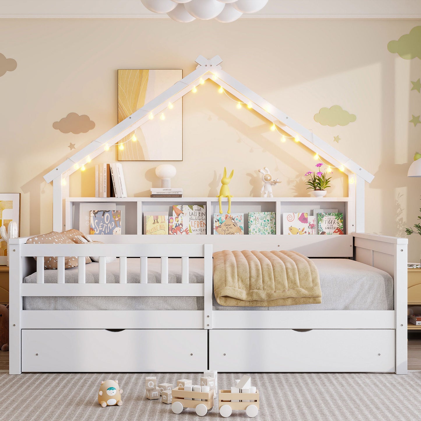 Wood Full Size House Platform Bed with LED, Storage Shelves, Drawers and Guardrail