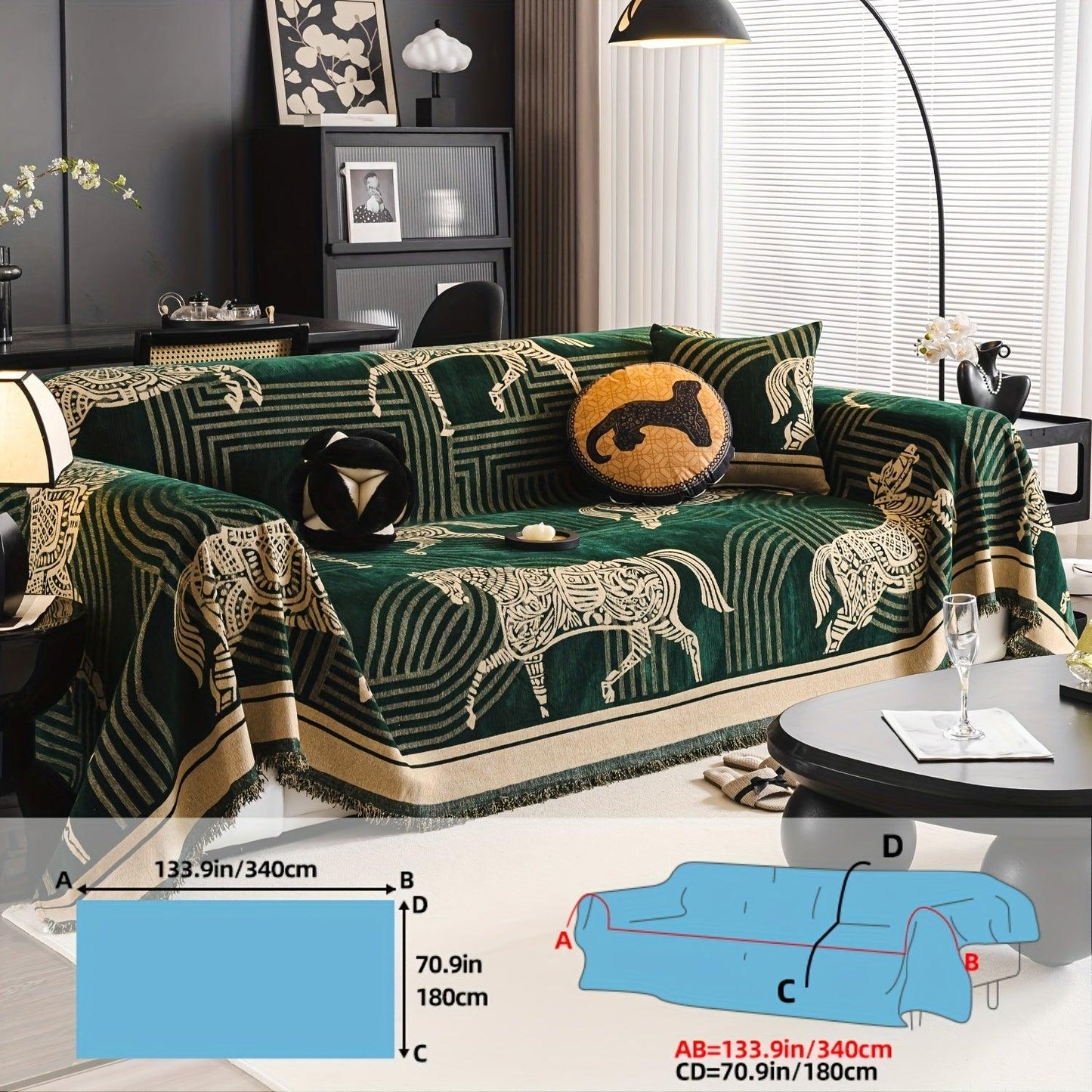 Luxurious Chenille Horse Design Sofa Cover Decor in Orange & Green