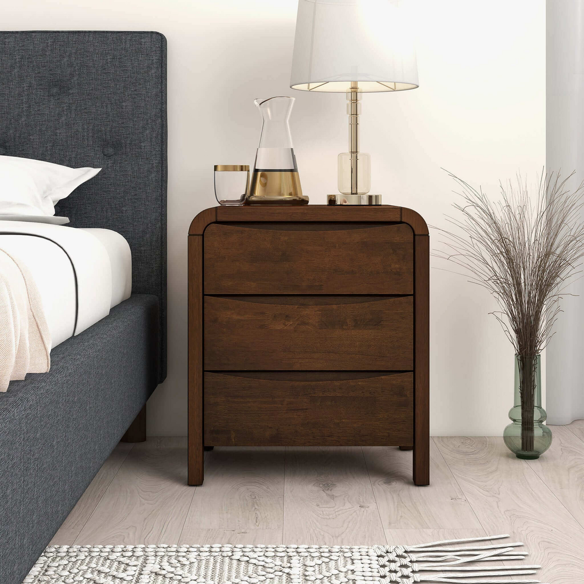 Lionel Mid Century Modern Solid Wood 3-Drawer Nightstand