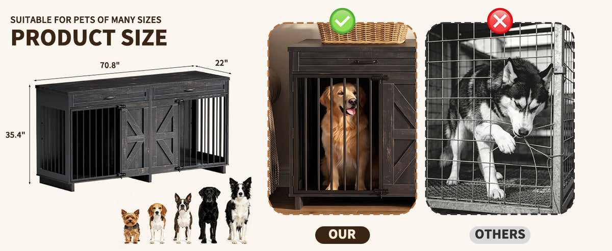 Dog Crate Furniture TV Stand - 2-in-1 Wooden Dog Kennel with Storage
