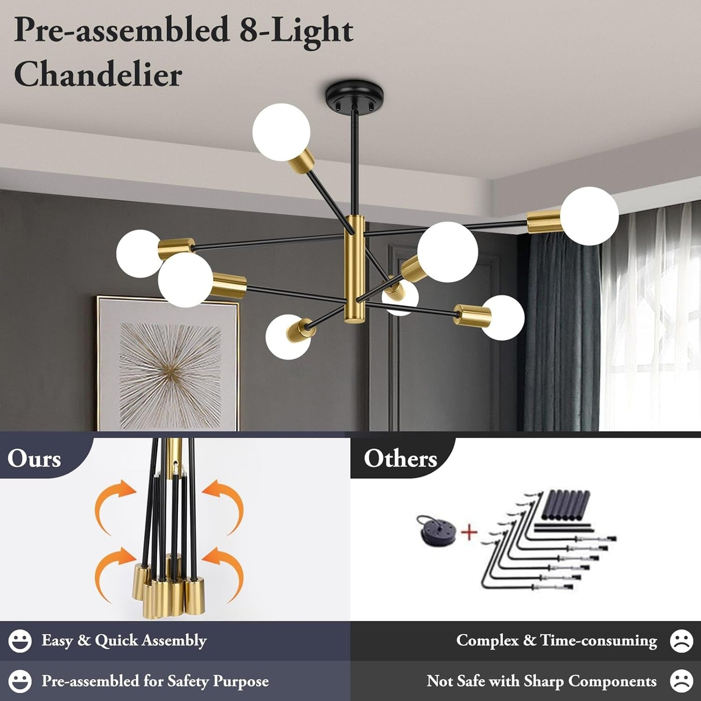 Eight Light Modern Sputnik Chandelier Black And Gold