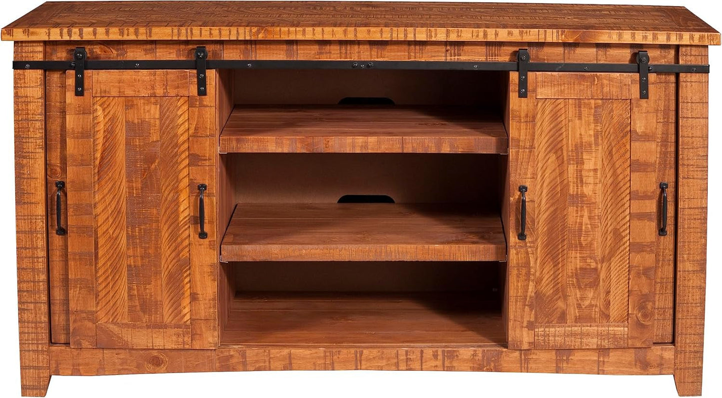 65 Inch Solid Wood TV Stand Honey Tobacco With Rustic Doors