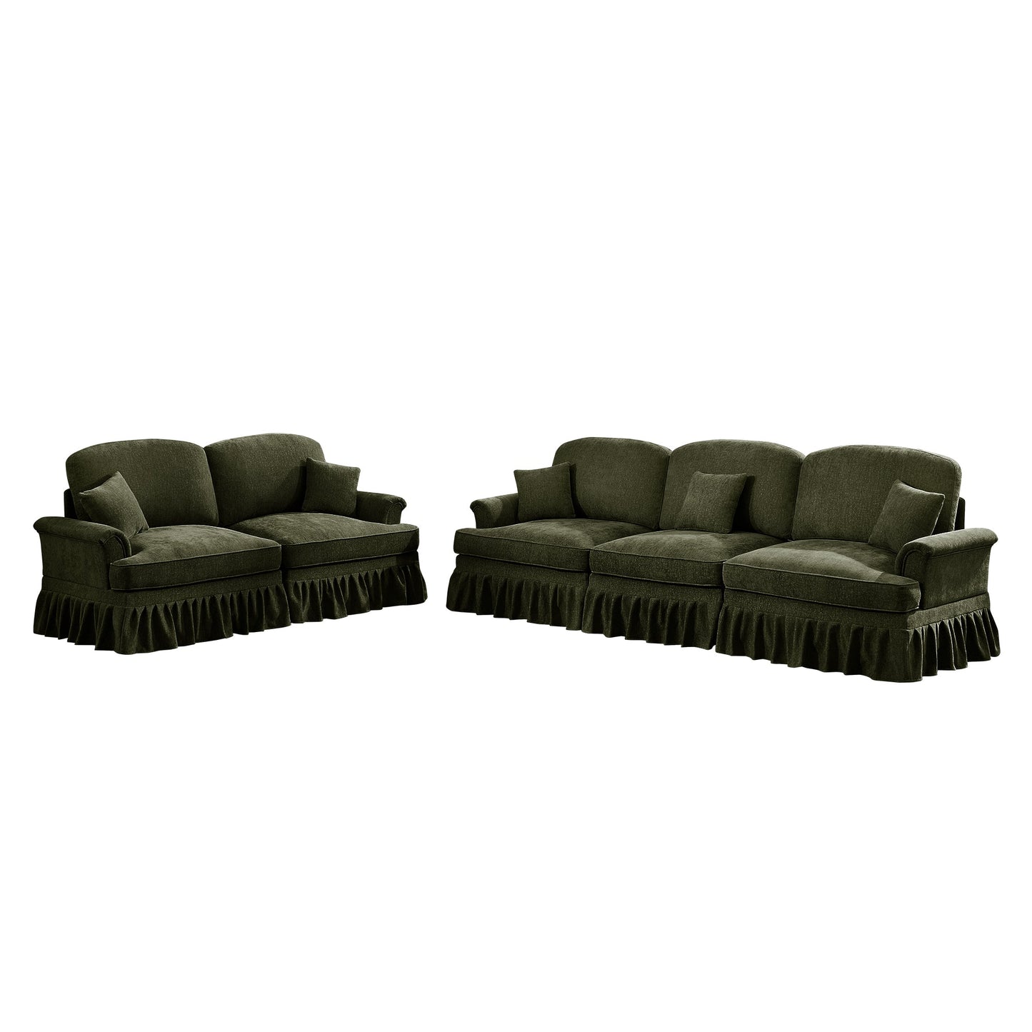 Classic 2 Piece Modular Couch Living Room Sofa Set with Flared Arms and Removable Ruffles Pleats Skirts and Spindle Legs, 3 Seater Sofa + 2-Seat Loveseat Sofa Sets for Living Room,Green
