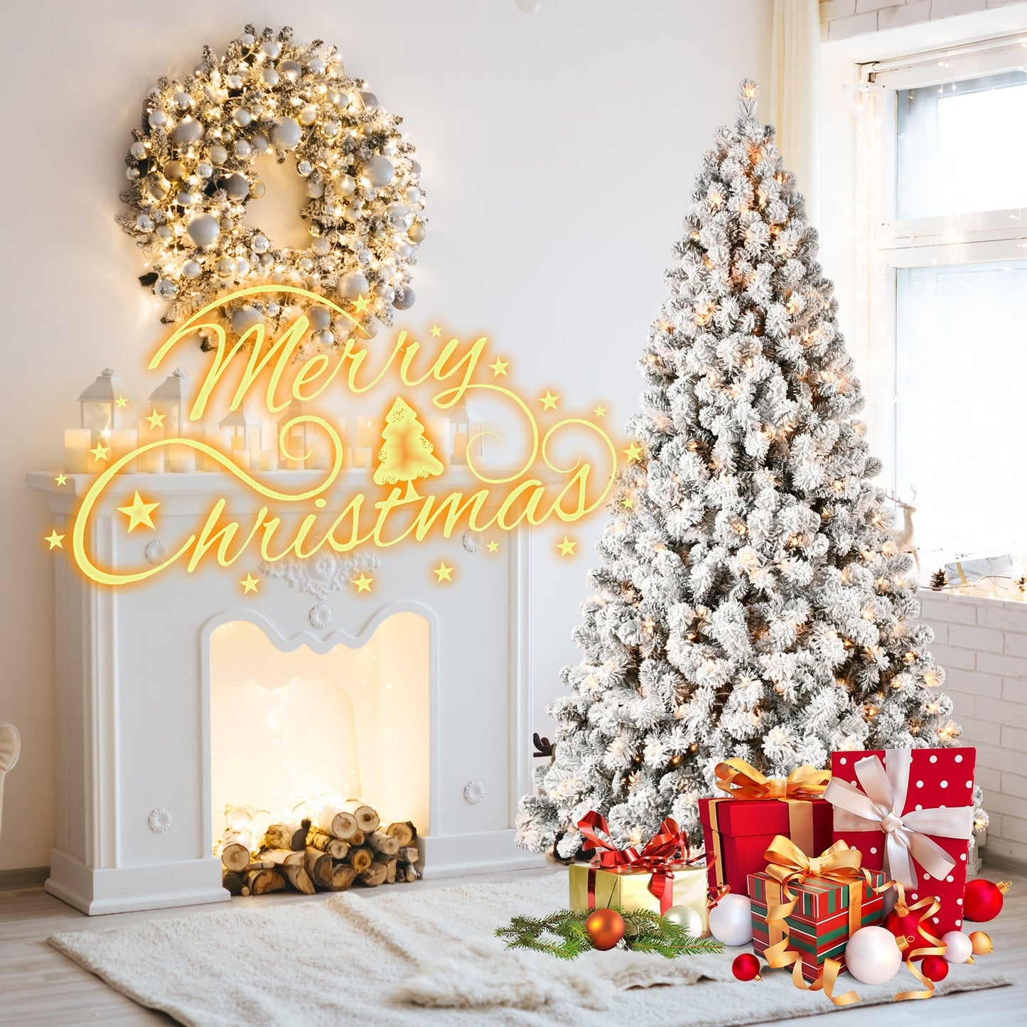 9-Foot Pre-Lit Snow-Flocked Christmas Tree