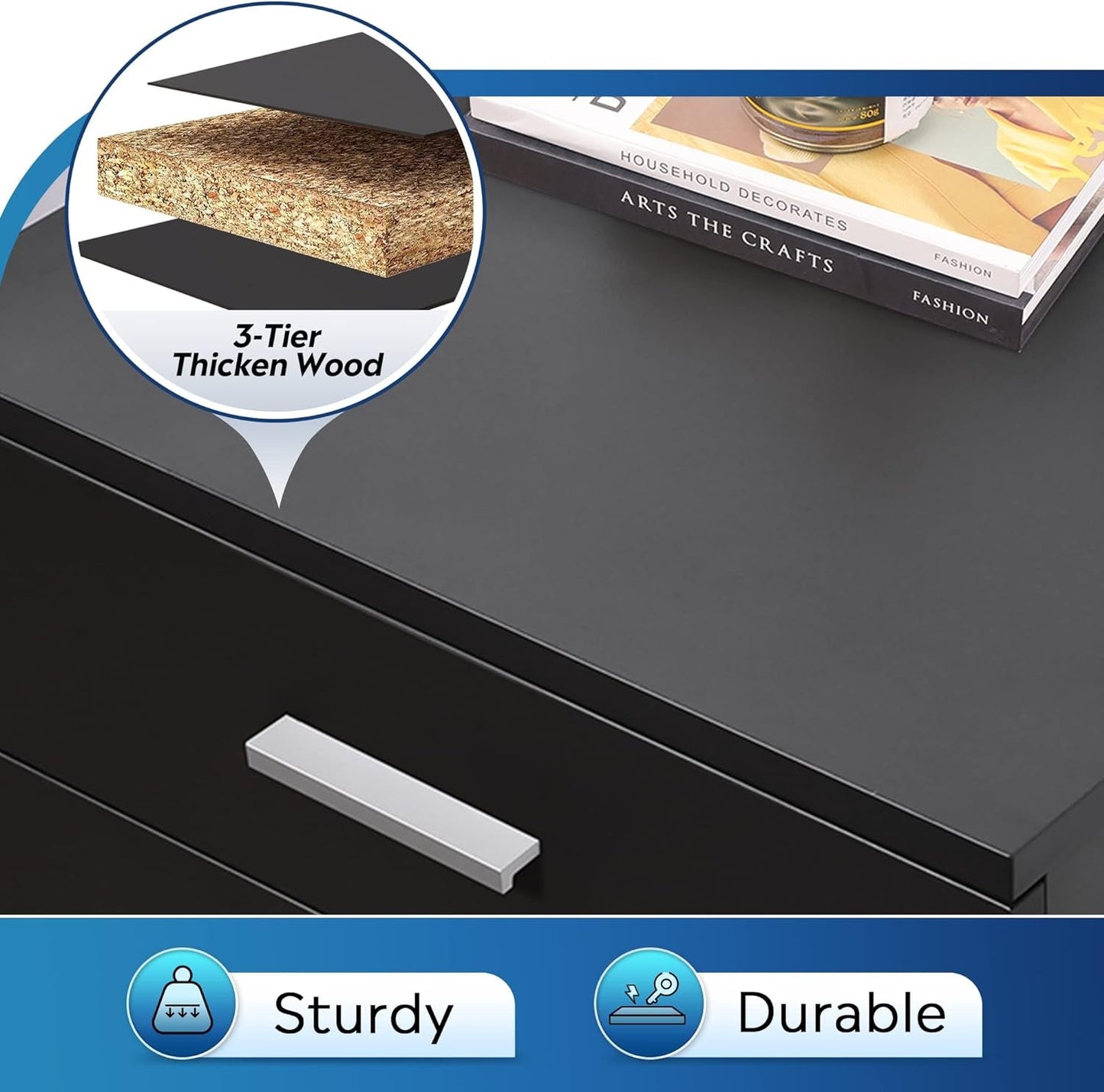 3 Drawer Wood File Cabinet Black For Letter A4 Size Home Office Storage Organizer