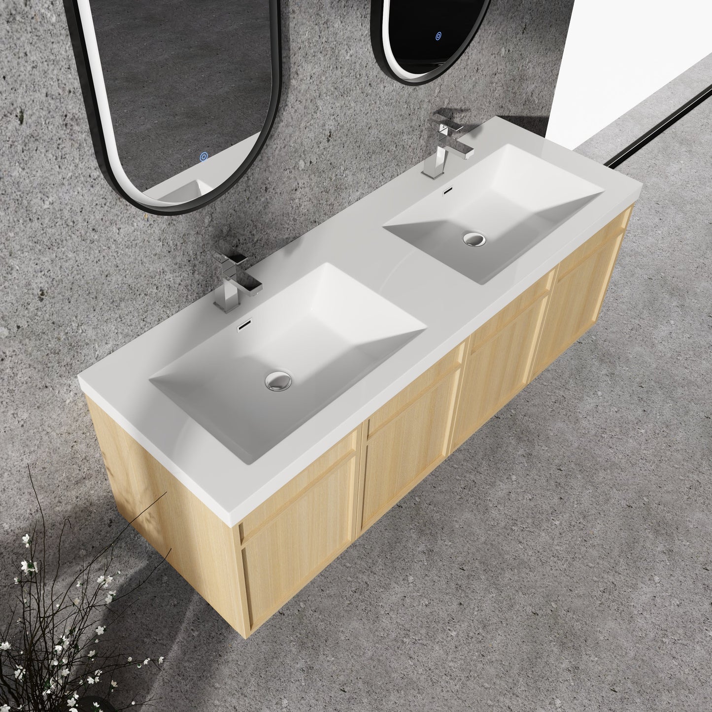 60" Wall-Mounted Bathroom Vanity with Double Resin Sink