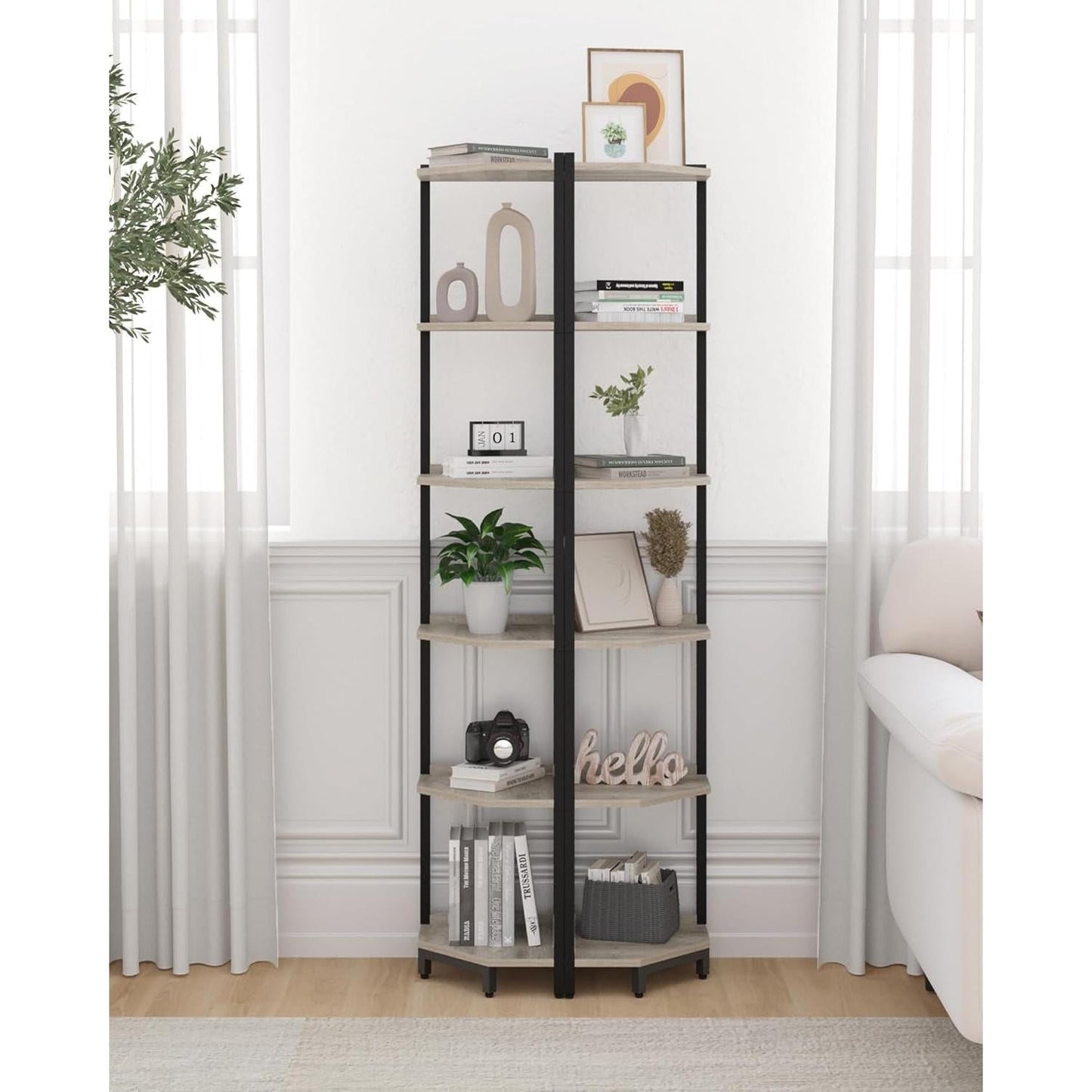 6-Tier Greige Corner Shelf Stand For Living Room And Office